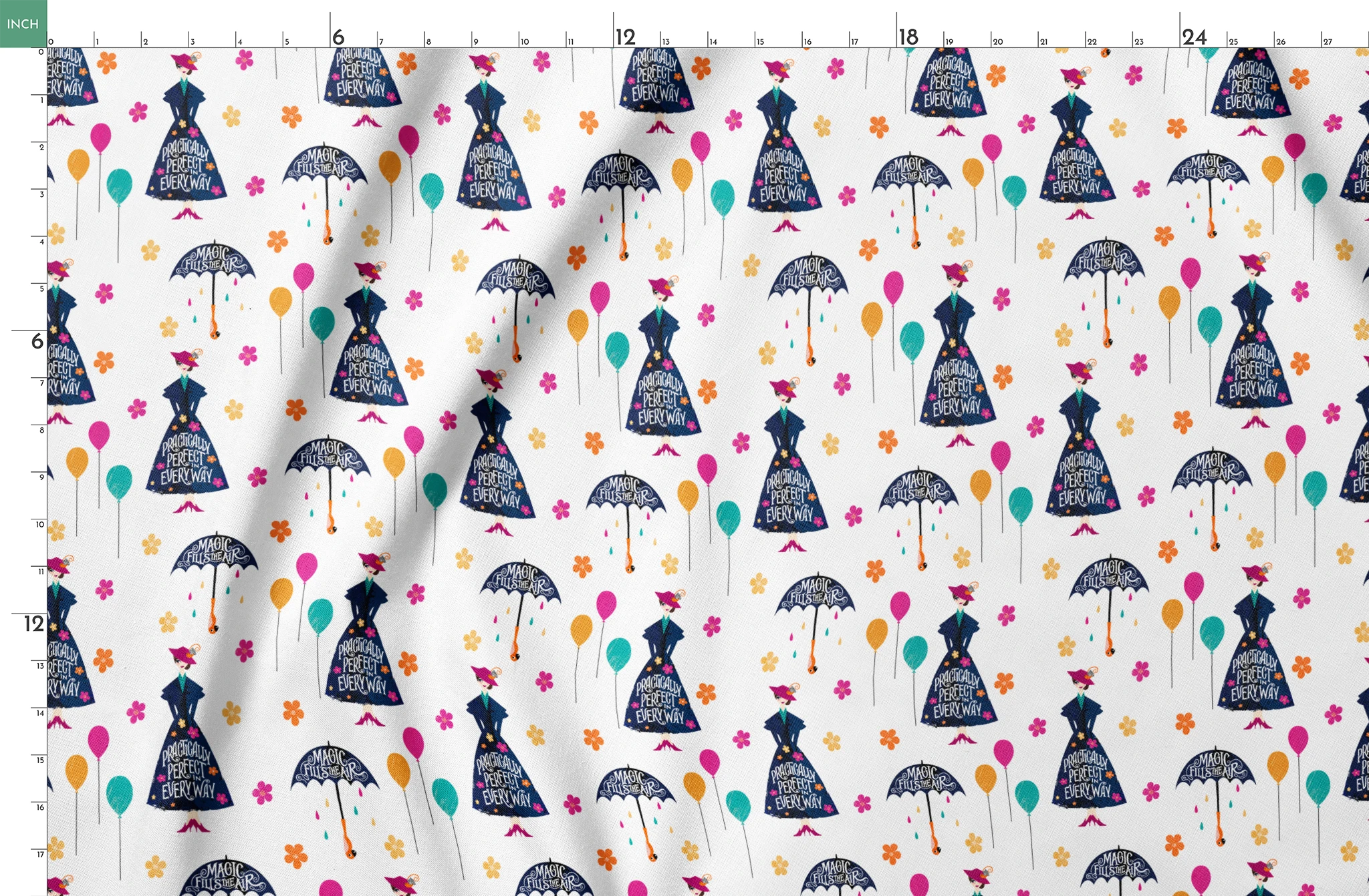 Colorful pattern with Mary Poppins-inspired silhouettes, umbrellas, balloons, and flowers on white background springs fatquarter mockup