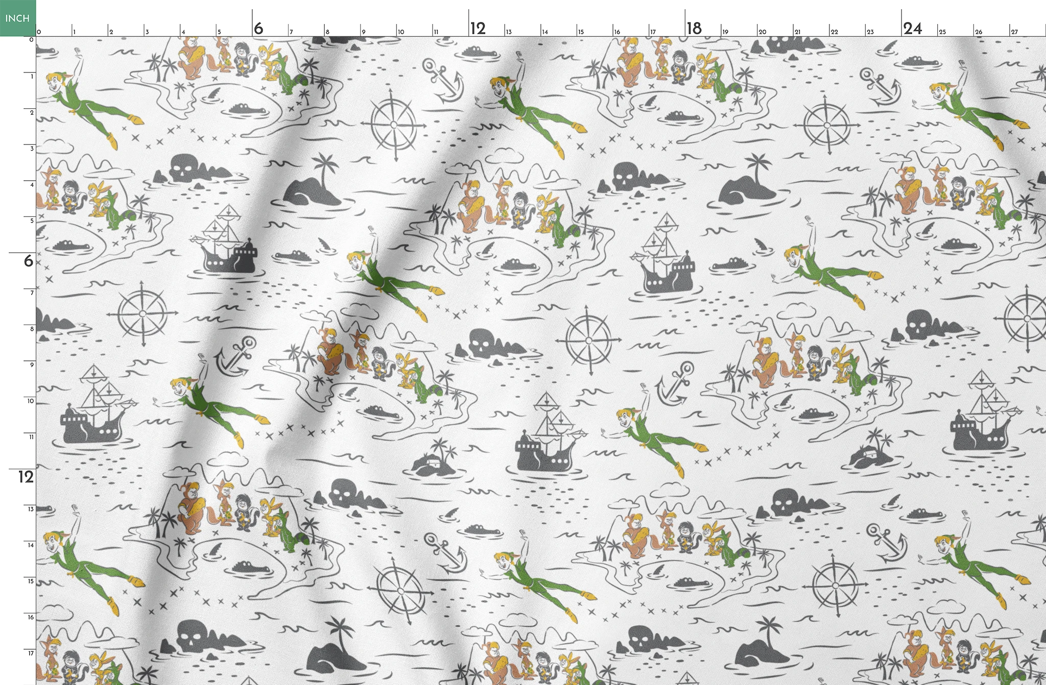 Peter Pan-inspired pattern with islands, ships, mermaids, compass roses, and pirate symbols in green, orange, and gray on white background springs fatquarter mockup