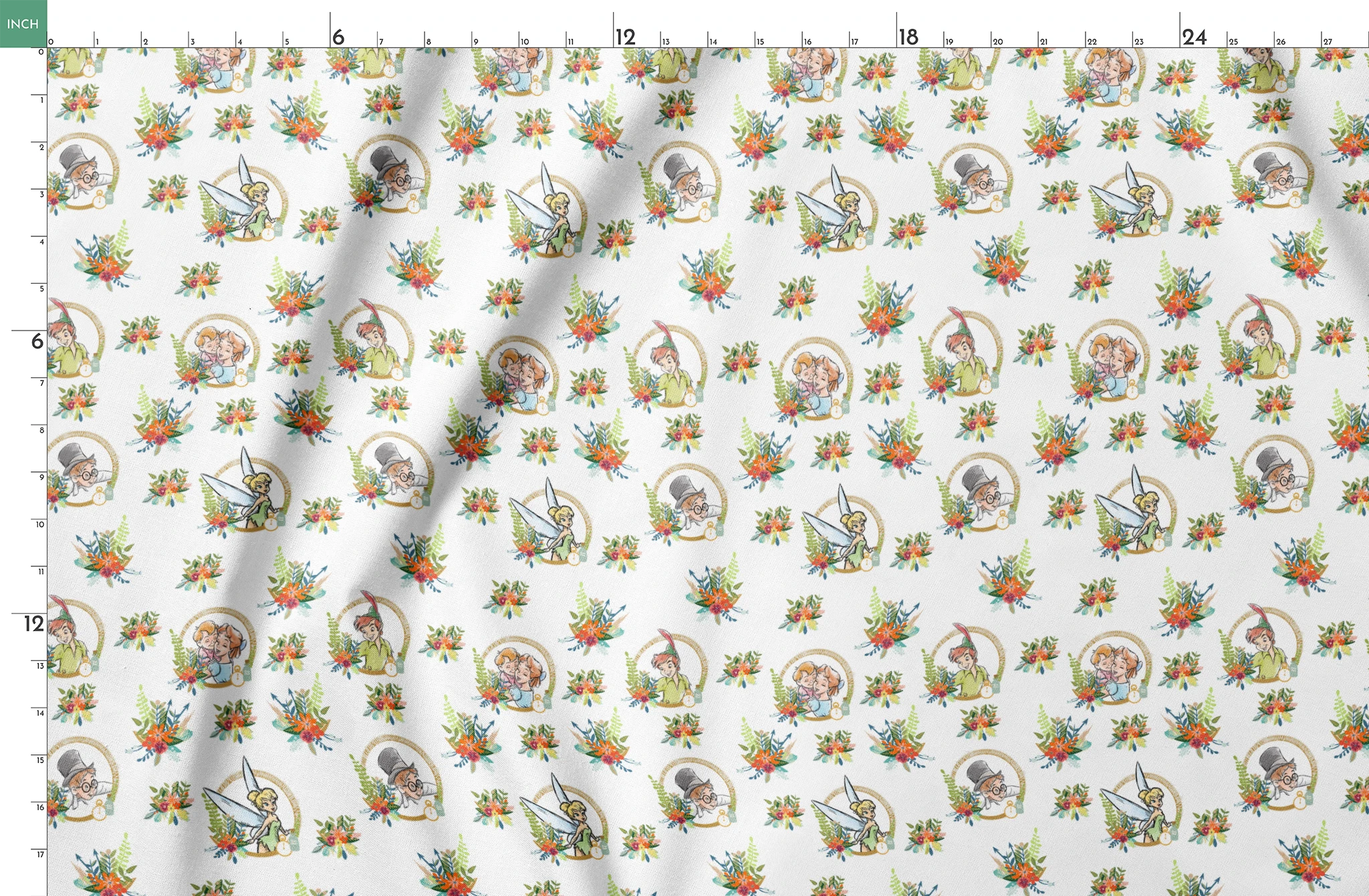 Illustrated pattern featuring cartoon characters in gold circles with colorful floral arrangements springs fatquarter mockup