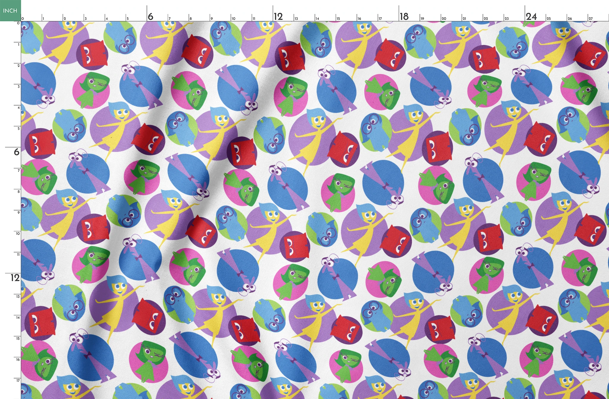 Colorful pattern of Inside Out characters with expressive eyes in overlapping purple, blue, red, and green circles springs fatquarter mockup