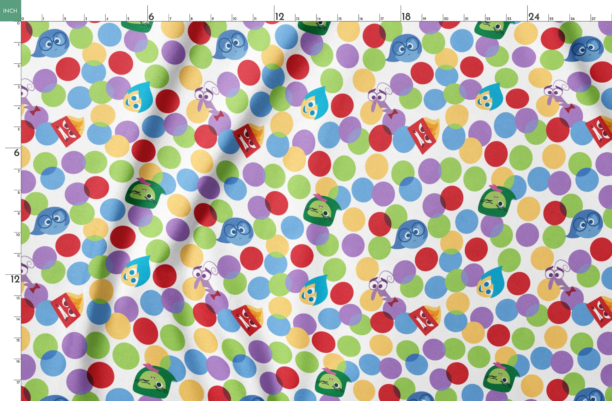 Colorful pattern with Inside Out characters scattered among multicolored polka dots springs fatquarter mockup