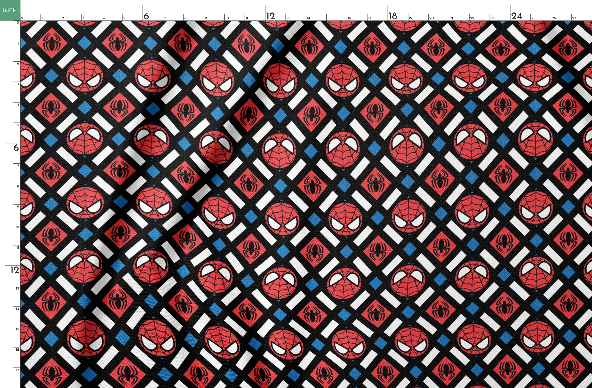 Spider-Man pattern with red masks, spider symbols, webs on black background with white X shapes and blue diamonds springs fatquarter mockup