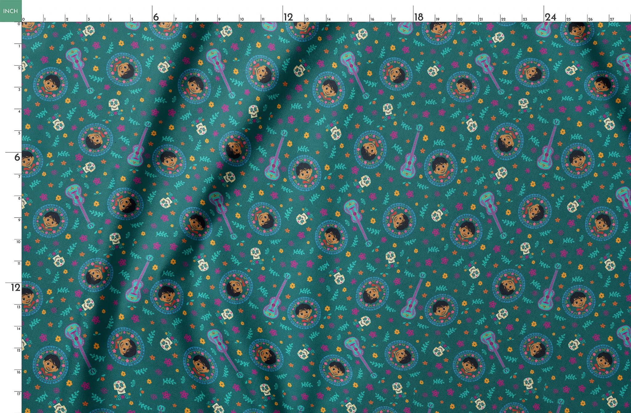 Colorful Coco-inspired pattern with guitars, sugar skulls, circular portraits, and floral elements on teal background. springs fatquarter mockup