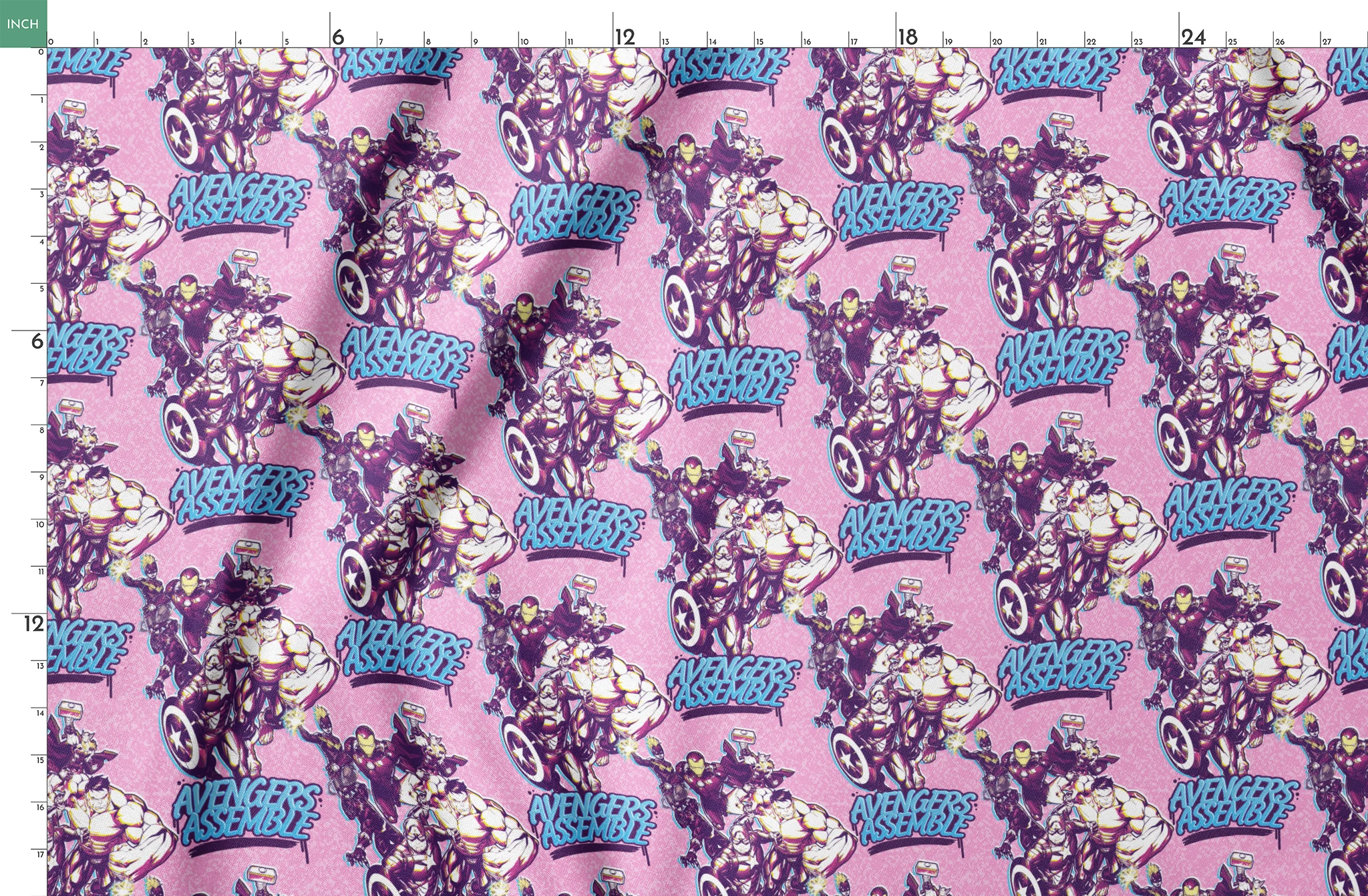 Avengers comic book characters pattern on purple background with "Avengers Assemble" text springs fatquarter mockup
