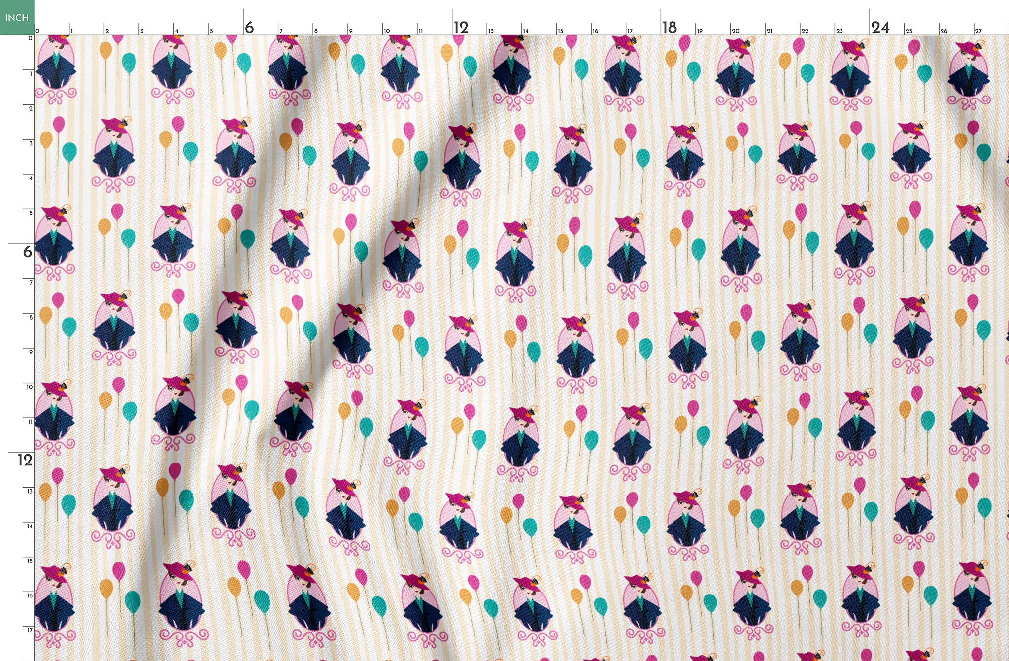 Mary Poppins displayed in decorative frames with colorful balloons against striped background springs fatquarter mockup
