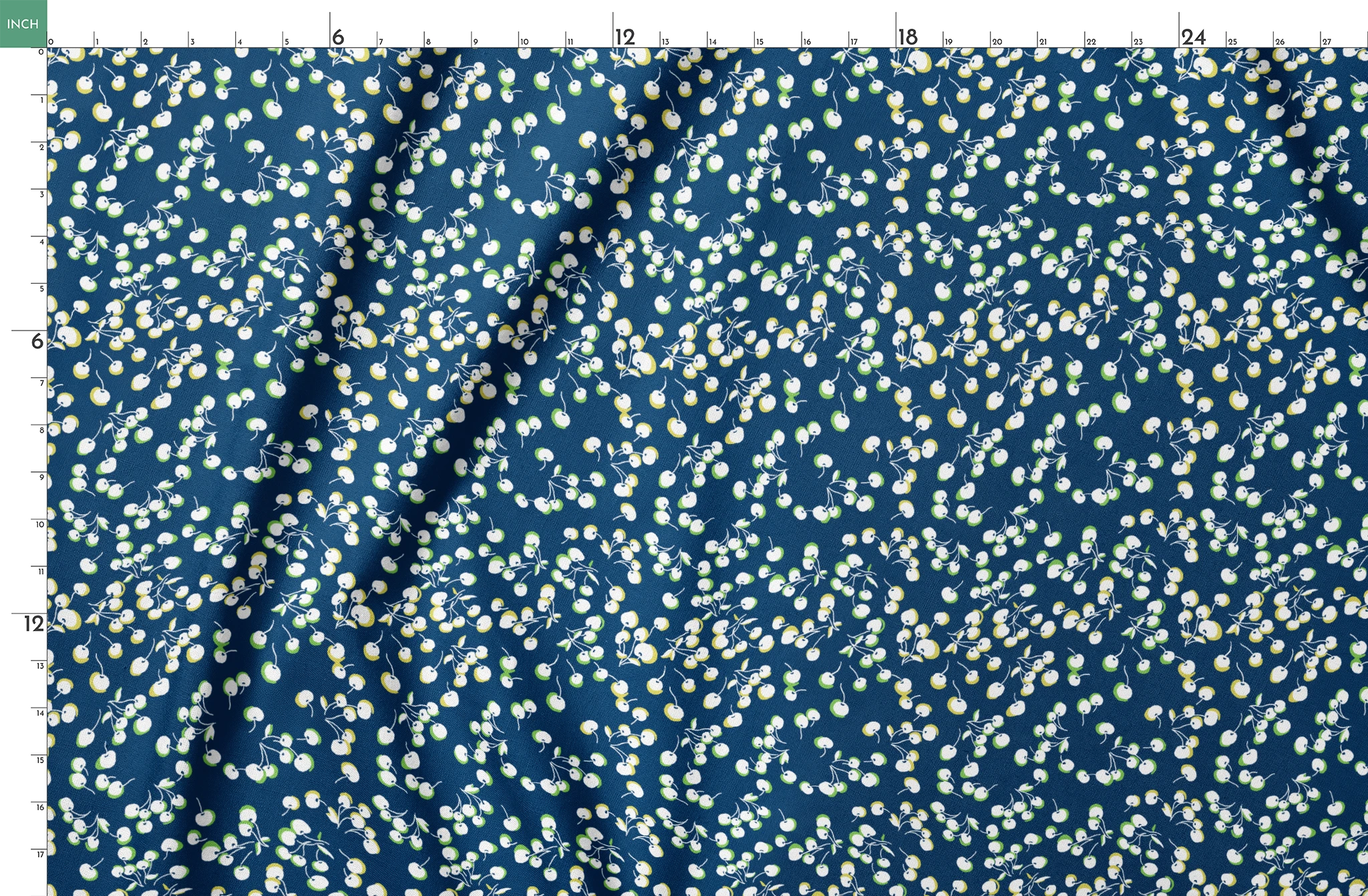 Delicate white and yellow floral pattern scattered across a deep navy blue background springs fatquarter mockup