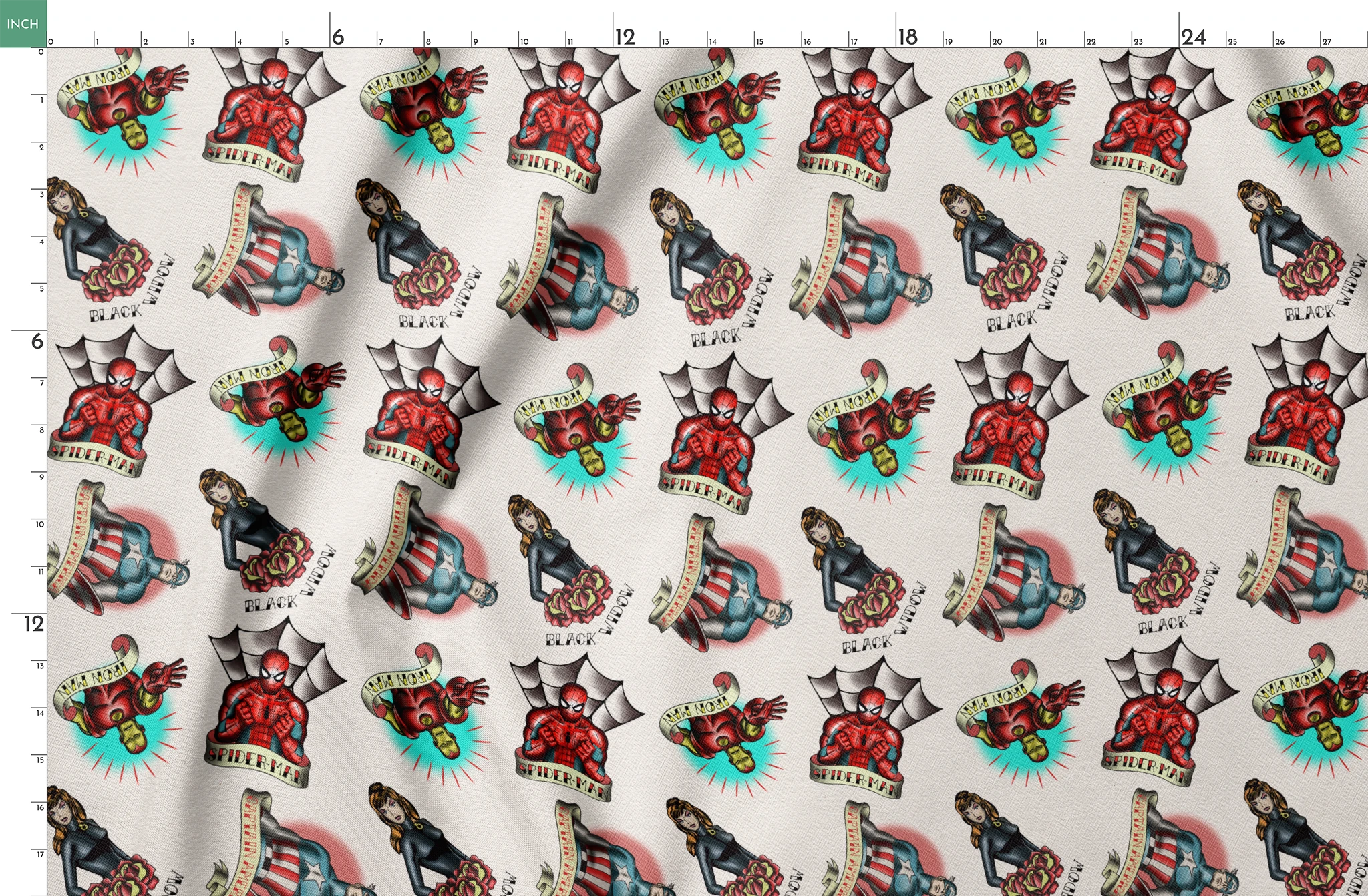 Traditional tattoo flash art designs featuring black panthers, hearts with daggers, spider webs, and colorful elements on cream background springs fatquarter mockup