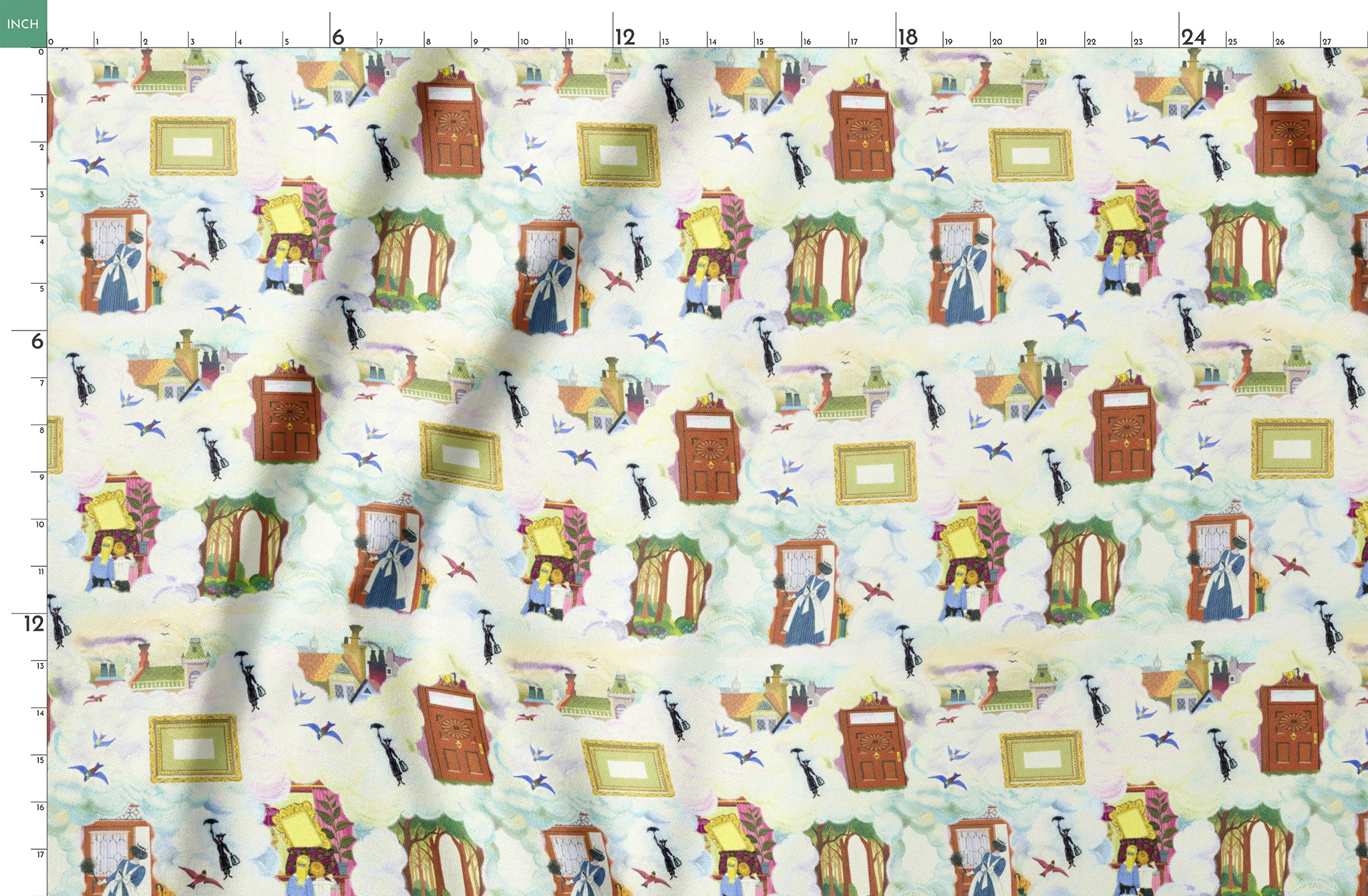 Whimsical pattern with colorful illustrated doorways, frames, and Mary Poppins with umbrellas on a pale blue background springs fatquarter mockup