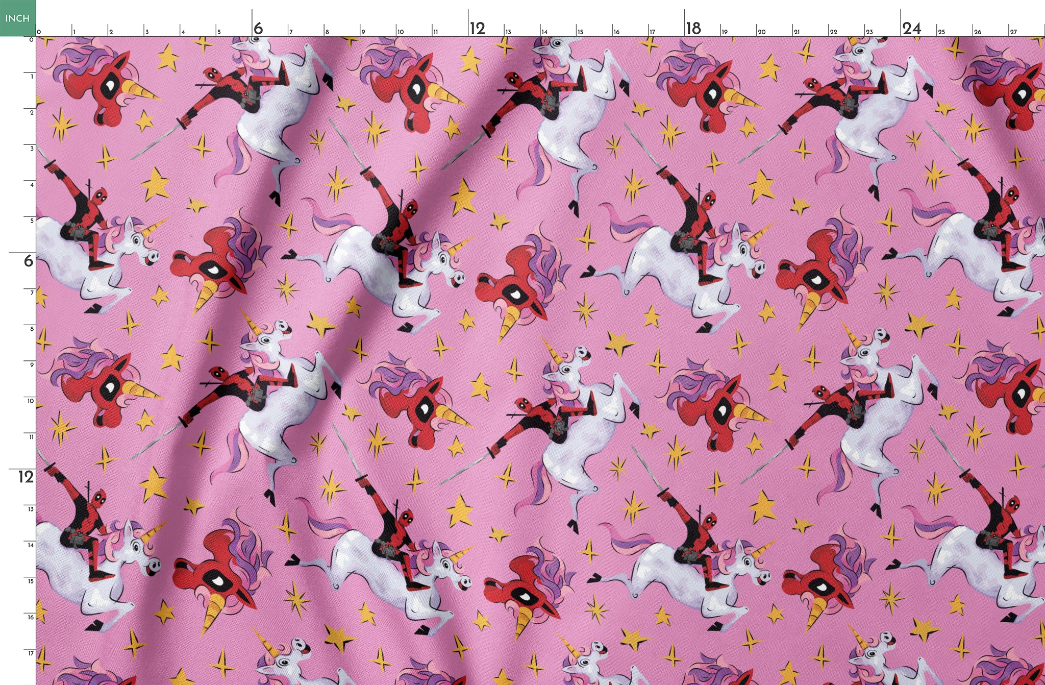 Cartoon character in red riding white unicorns with purple manes against pink starry background springs fatquarter mockup