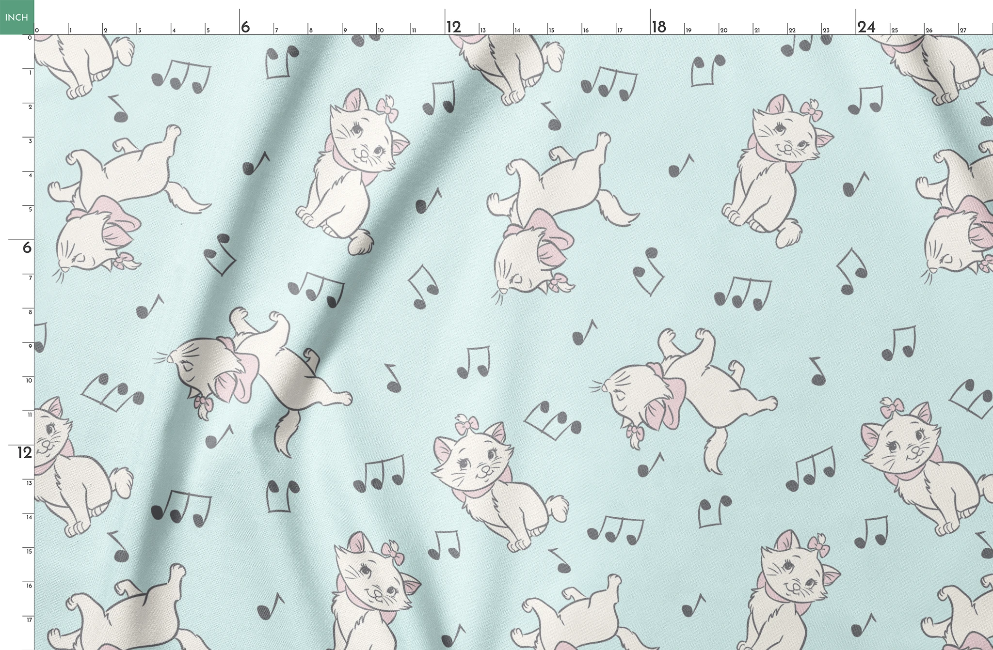 White kittens with pink bows playing among musical notes on a light mint background springs fatquarter mockup