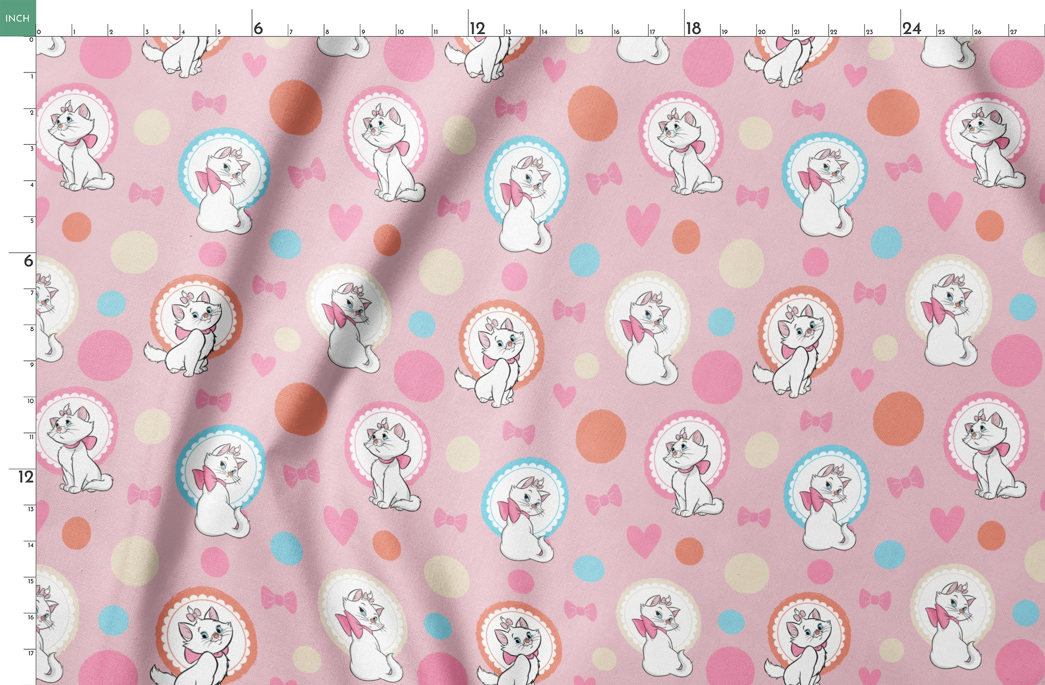 Marie from The Aristocats with pink bows in decorative circular frames on pink polka dot background with bow motifs springs fatquarter mockup
