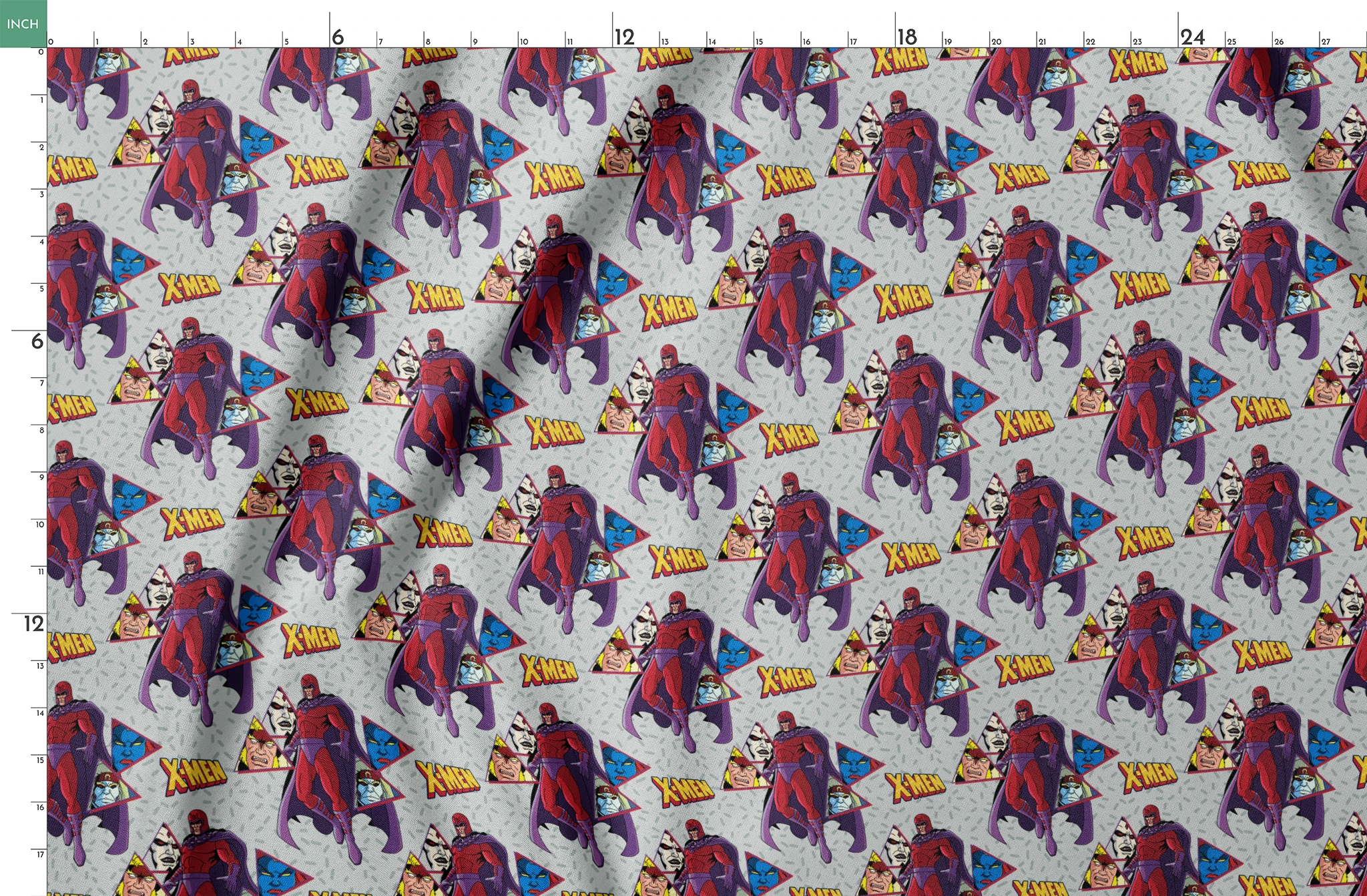 X-Men comic pattern with Magneto in purple and red costume against gray background with character portraits springs fatquarter mockup