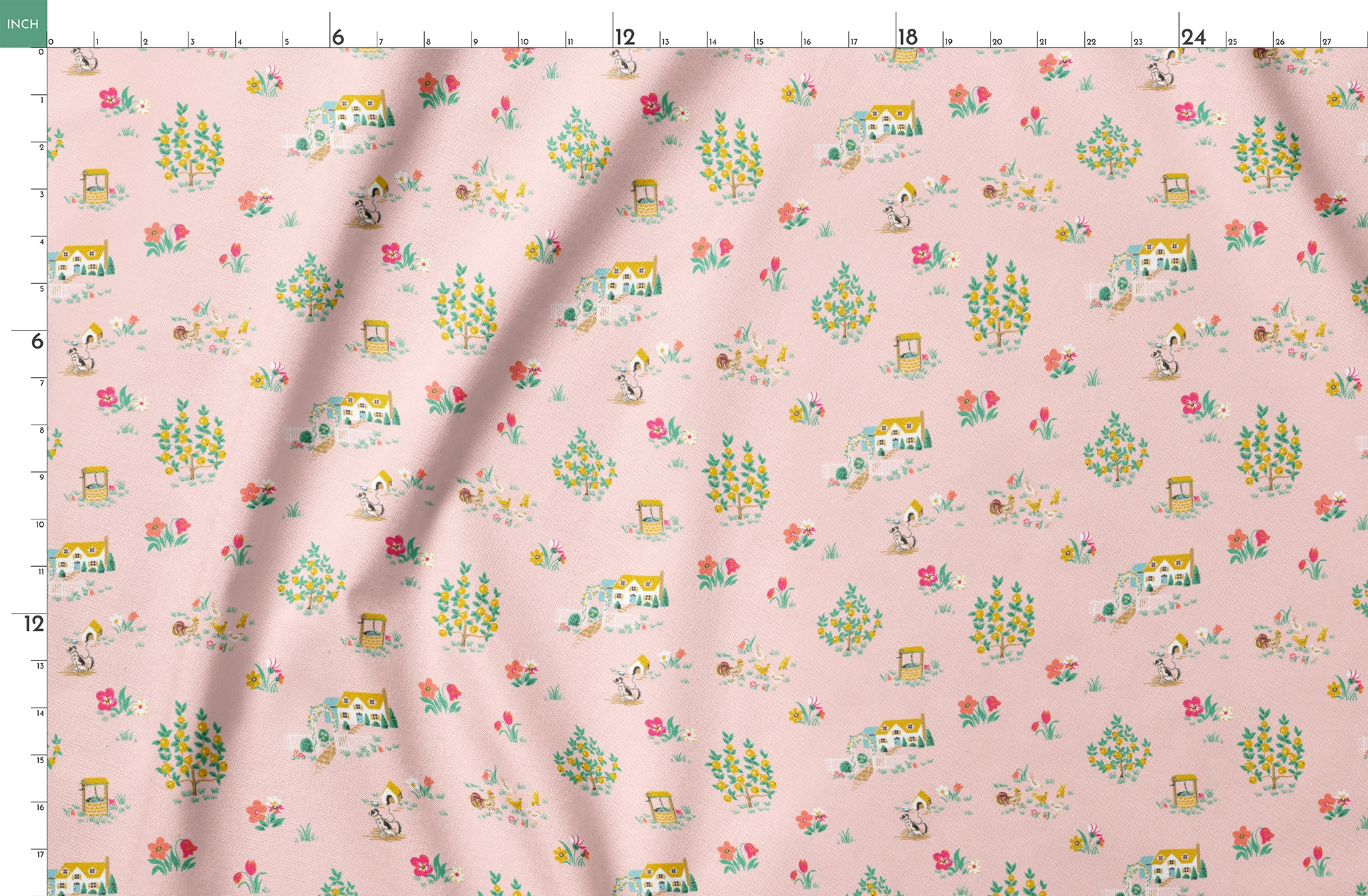 Whimsical pink pattern with cottages, flower bouquets, and garden scenes in yellow and coral springs fatquarter mockup