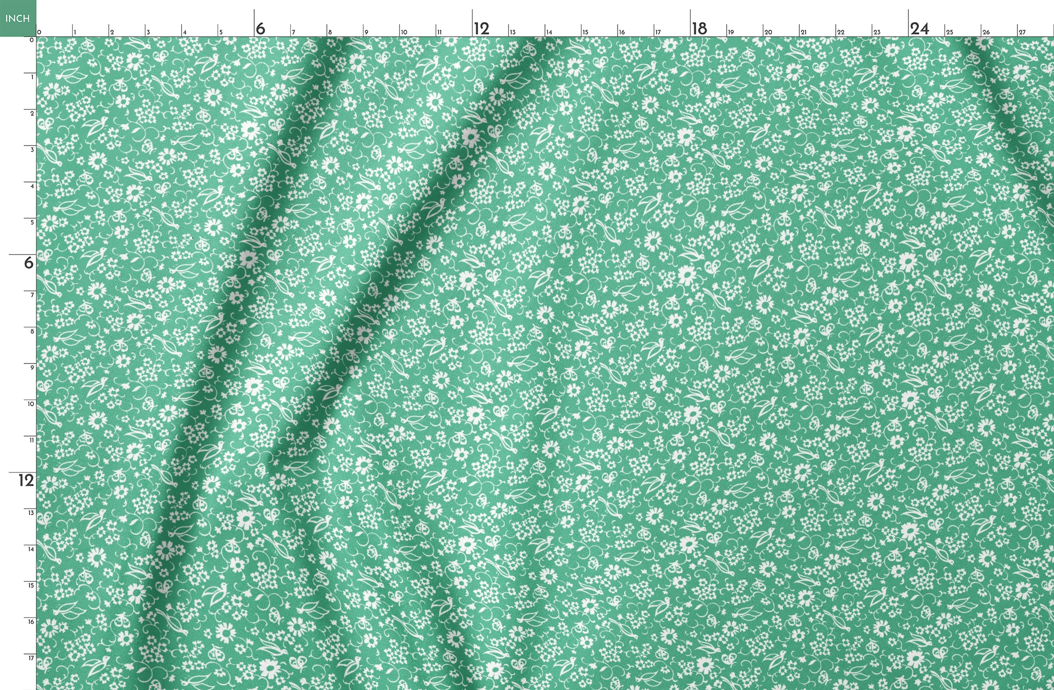 White floral pattern with delicate blooms and leaves on a mint green background springs fatquarter mockup