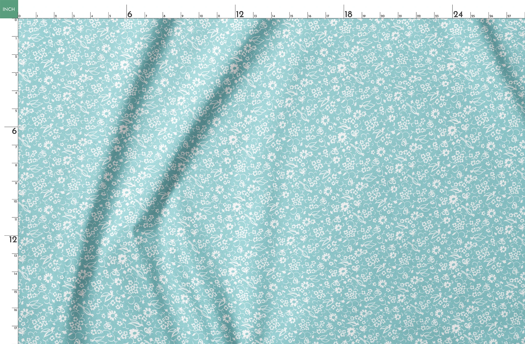 Delicate white floral pattern on a soft turquoise background with swirling leaf motifs springs fatquarter mockup