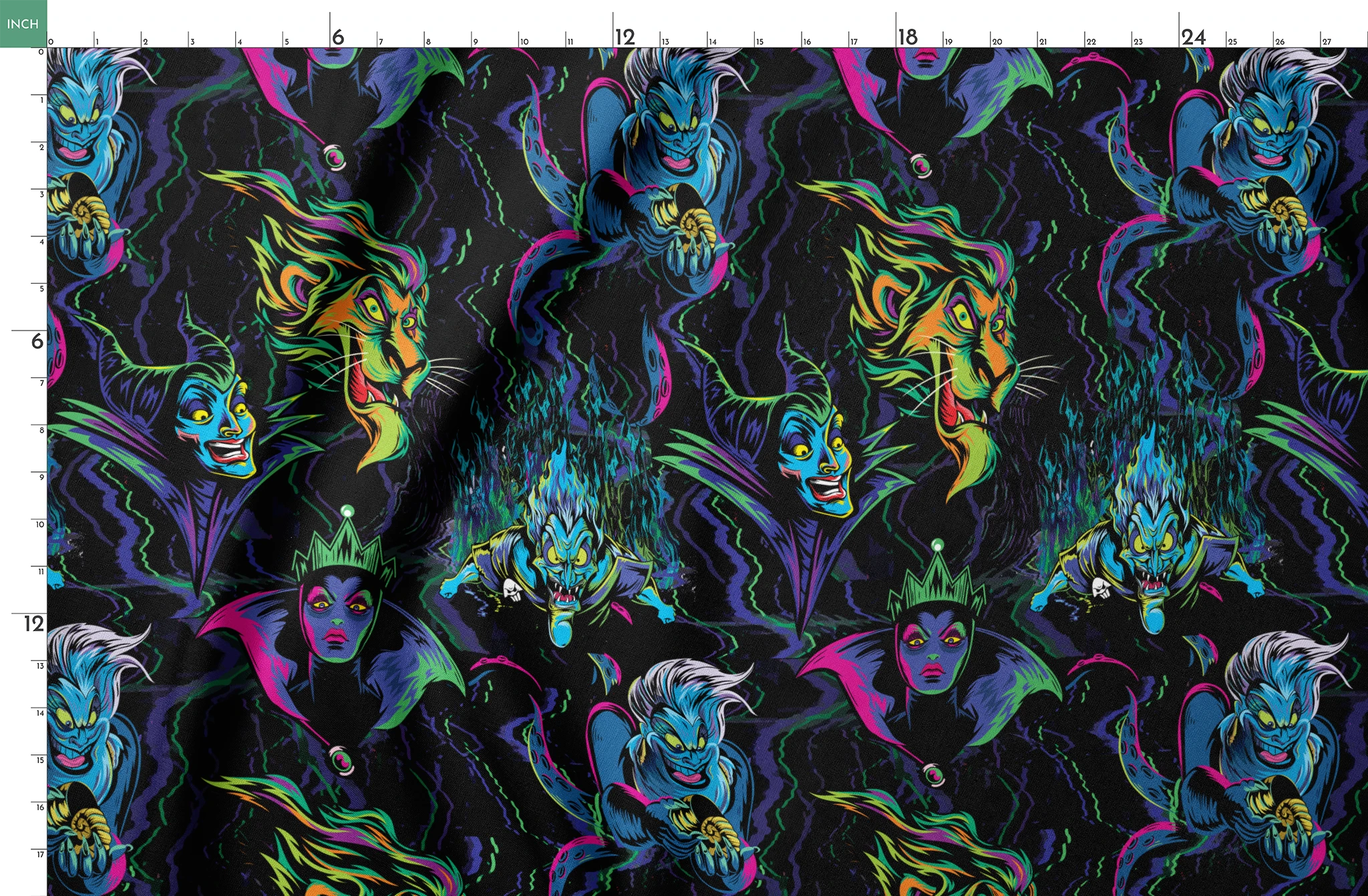 Colorful Disney villains in neon colors against black background springs fatquarter mockup