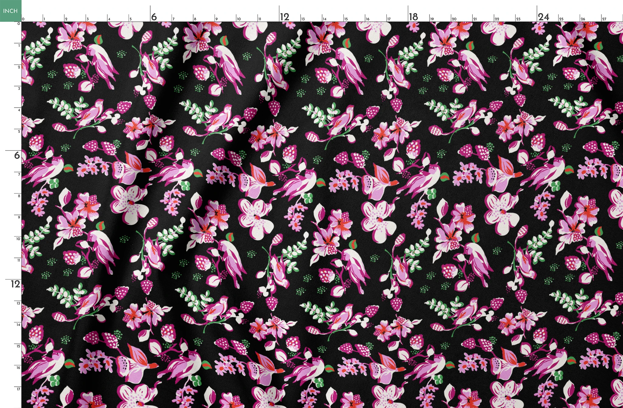 Vibrant pink birds and flowers pattern on black background with strawberry accents springs fatquarter mockup