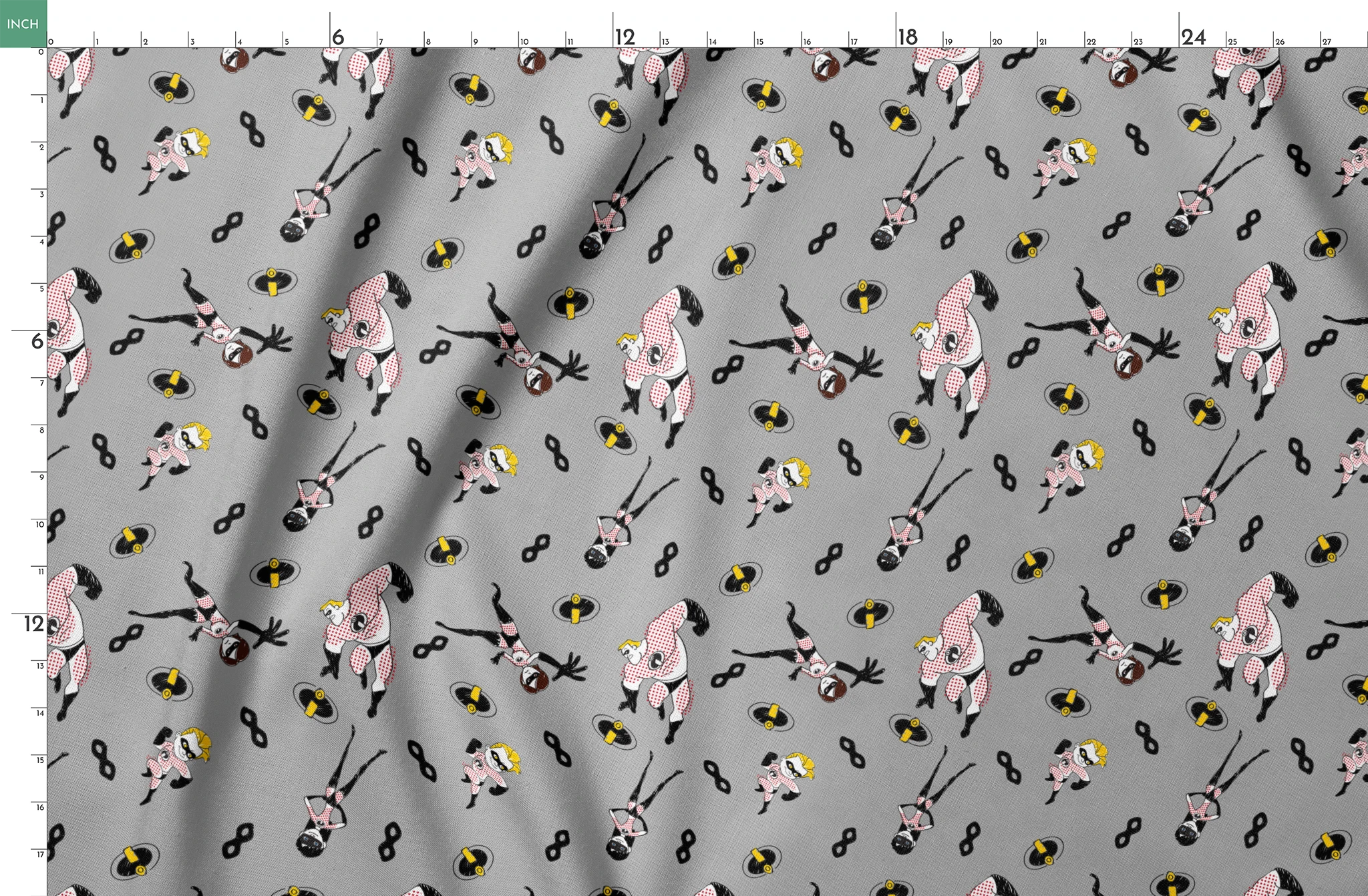 The Incredibles in black and white suits with yellow emblems scattered on gray background with masks springs fatquarter mockup
