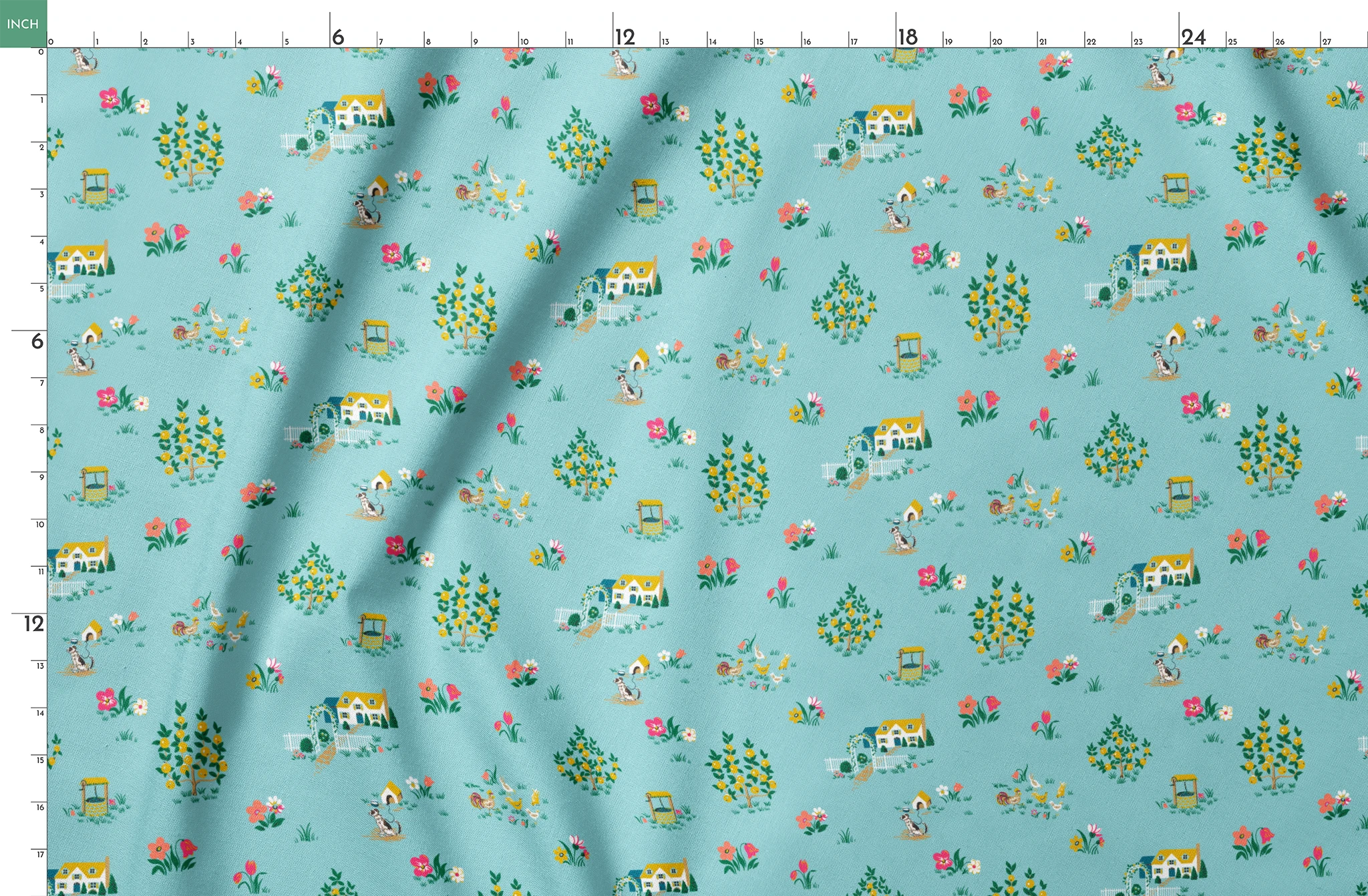 Whimsical light blue pattern with tiny cottages, tulips, and flower gardens in pastel colors springs fatquarter mockup