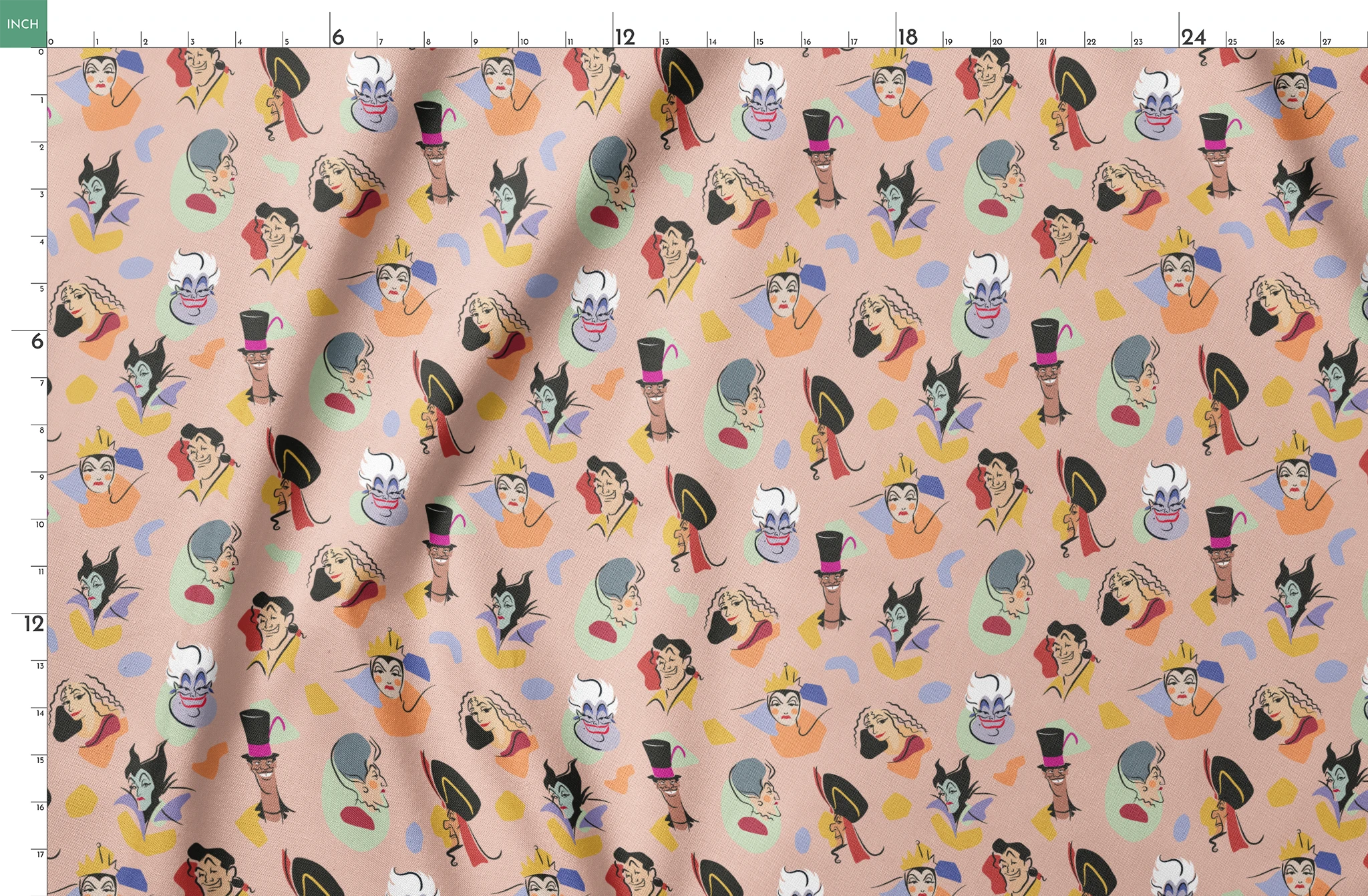 Colorful pattern of Disney villains including Evil Queen, Gaston, Jafar, Ursula, and Maleficent on pink background springs fatquarter mockup
