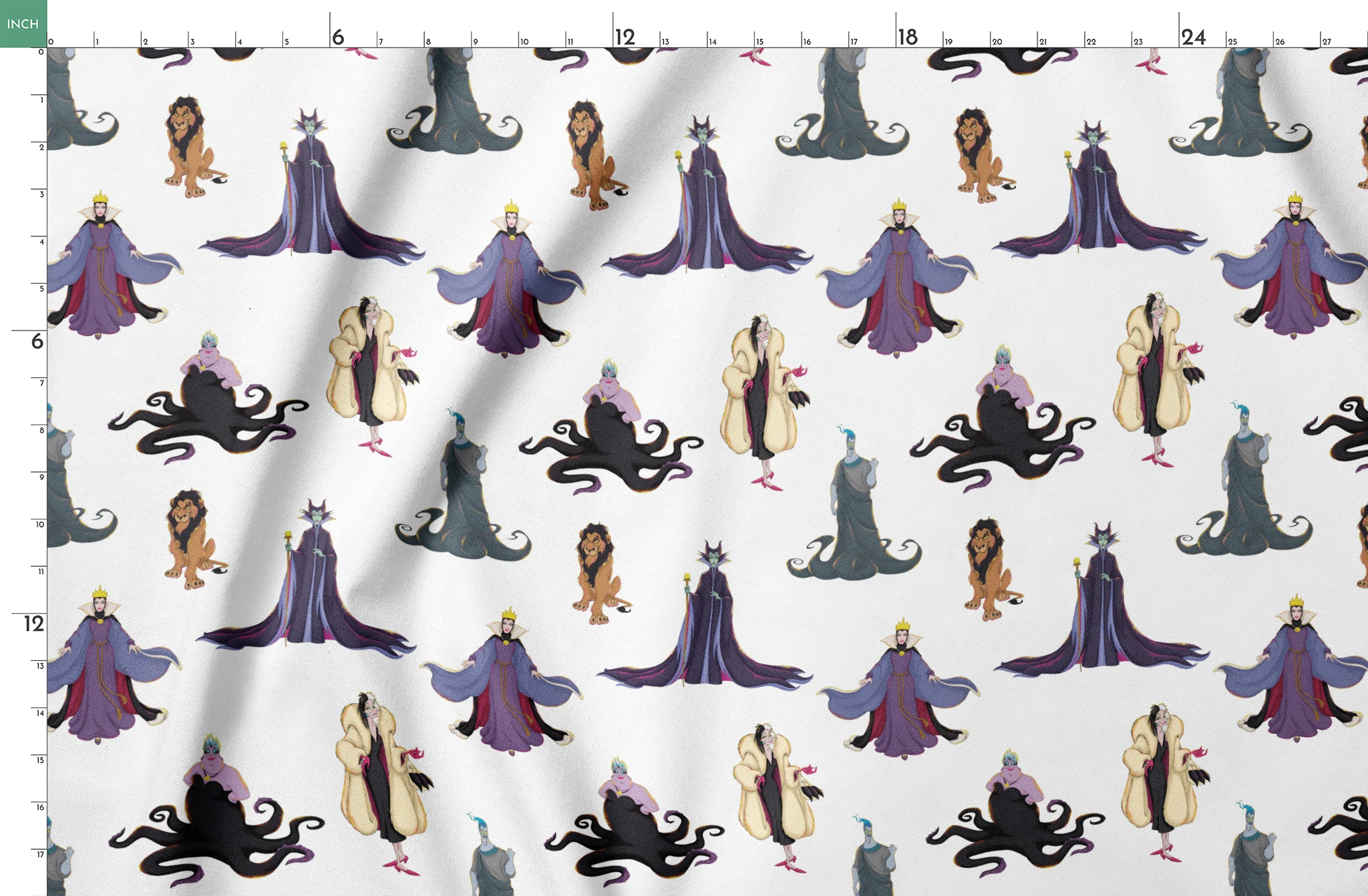 Disney villains pattern with Evil Queen, Scar, Maleficent, Ursula, and Cruella on white background springs fatquarter mockup