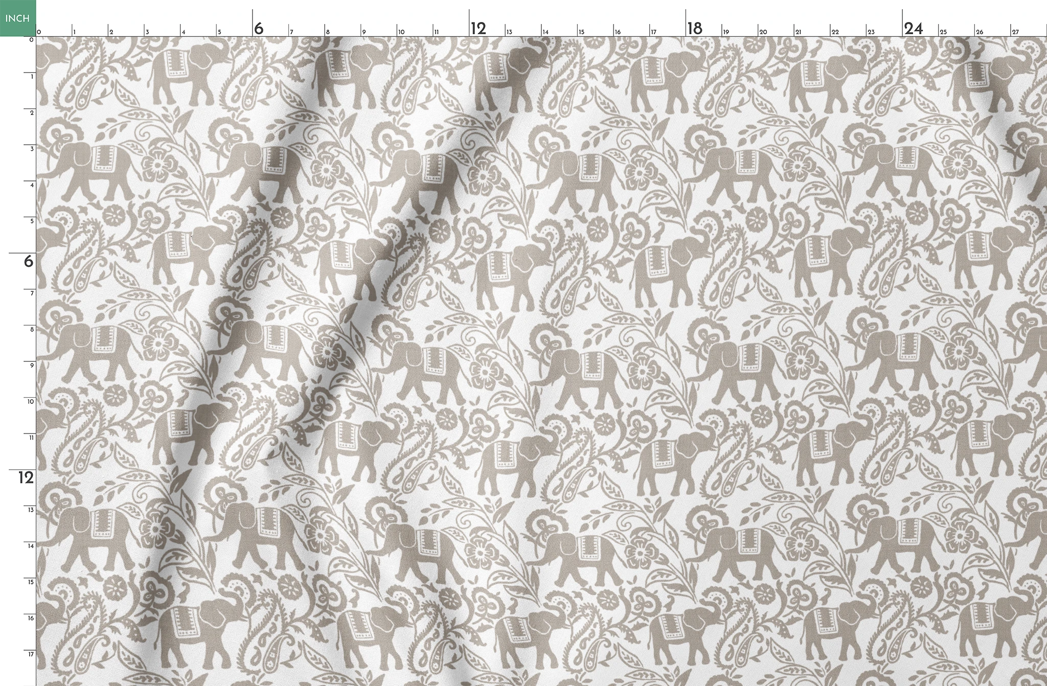 Gray elephants with decorative blankets amid swirling floral and paisley patterns on white background springs fatquarter mockup
