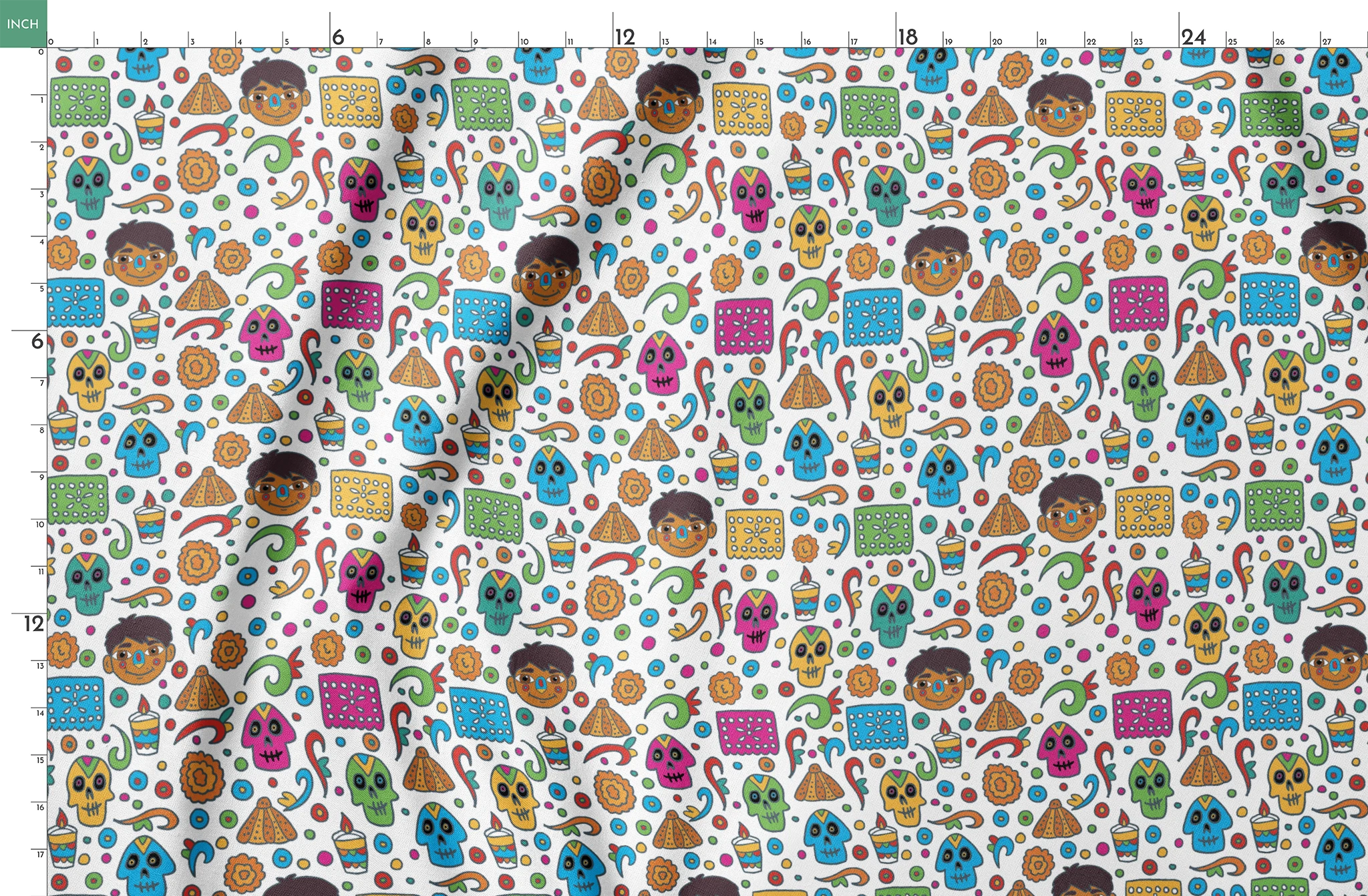 Colorful Coco pattern with sugar skulls, pyramids, swirls, flowers, and cartoon characters on white background springs fatquarter mockup