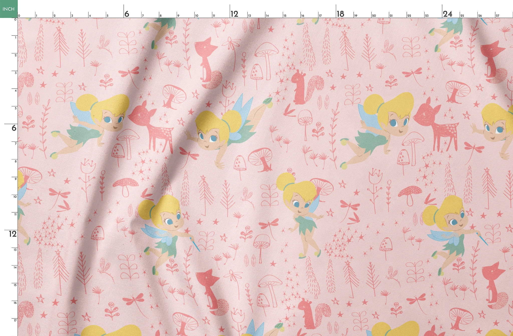 Pink whimsical pattern with cartoon fairy characters, forest animals, mushrooms, and plants in pastel colors springs fatquarter mockup