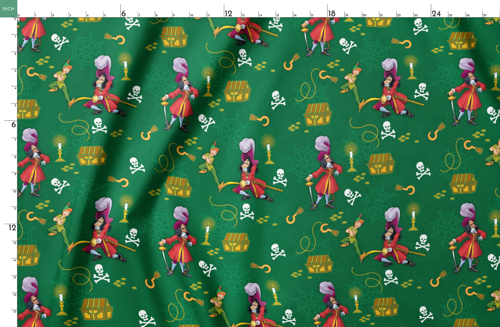 Peter Pan-themed pattern with Captain Hook, treasure chests, skulls, and golden hooks on green background. springs fatquarter mockup