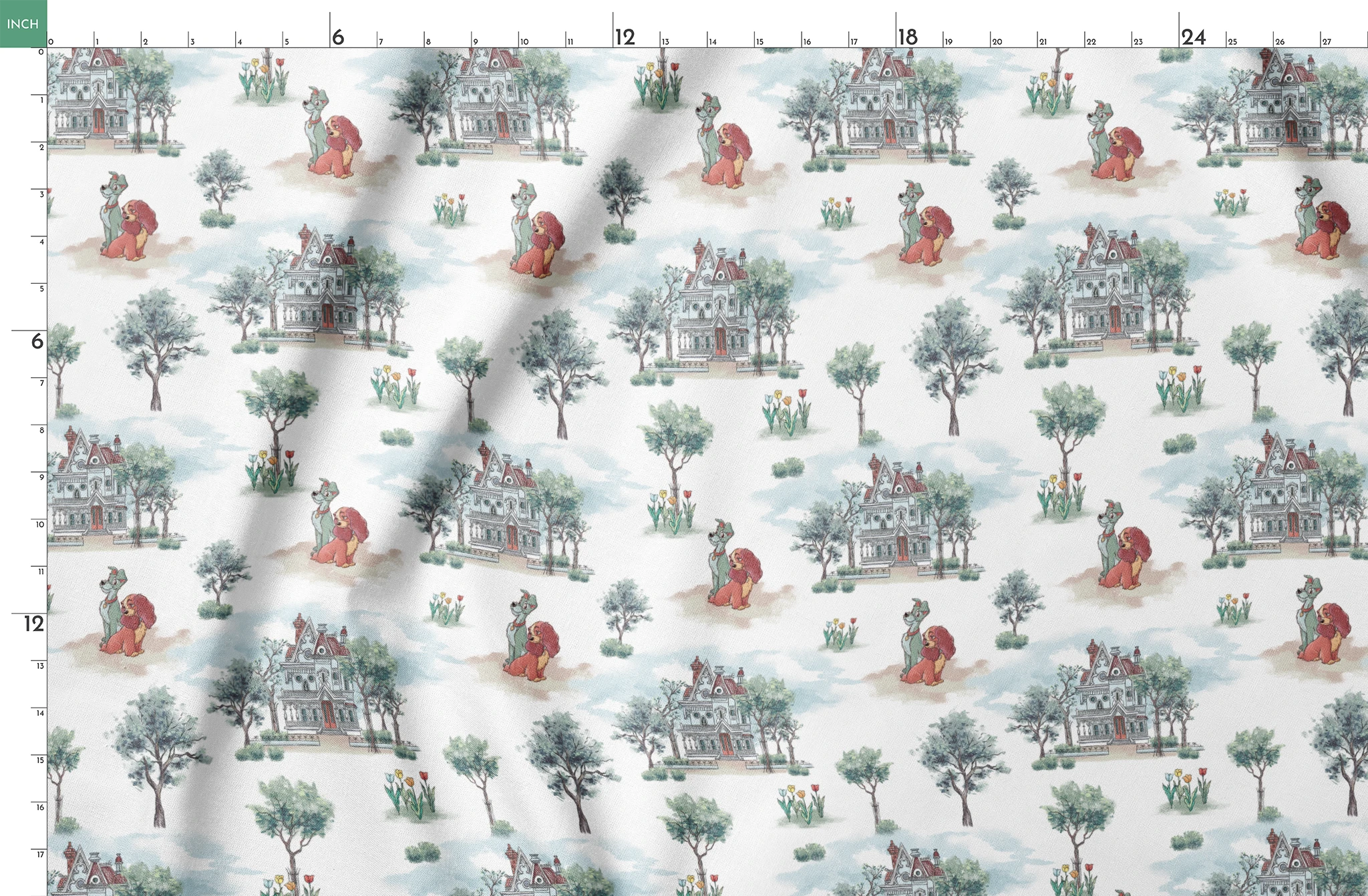 Repeating pattern with Victorian houses, small trees, and cartoon lions with red manes in a soft watercolor style springs fatquarter mockup