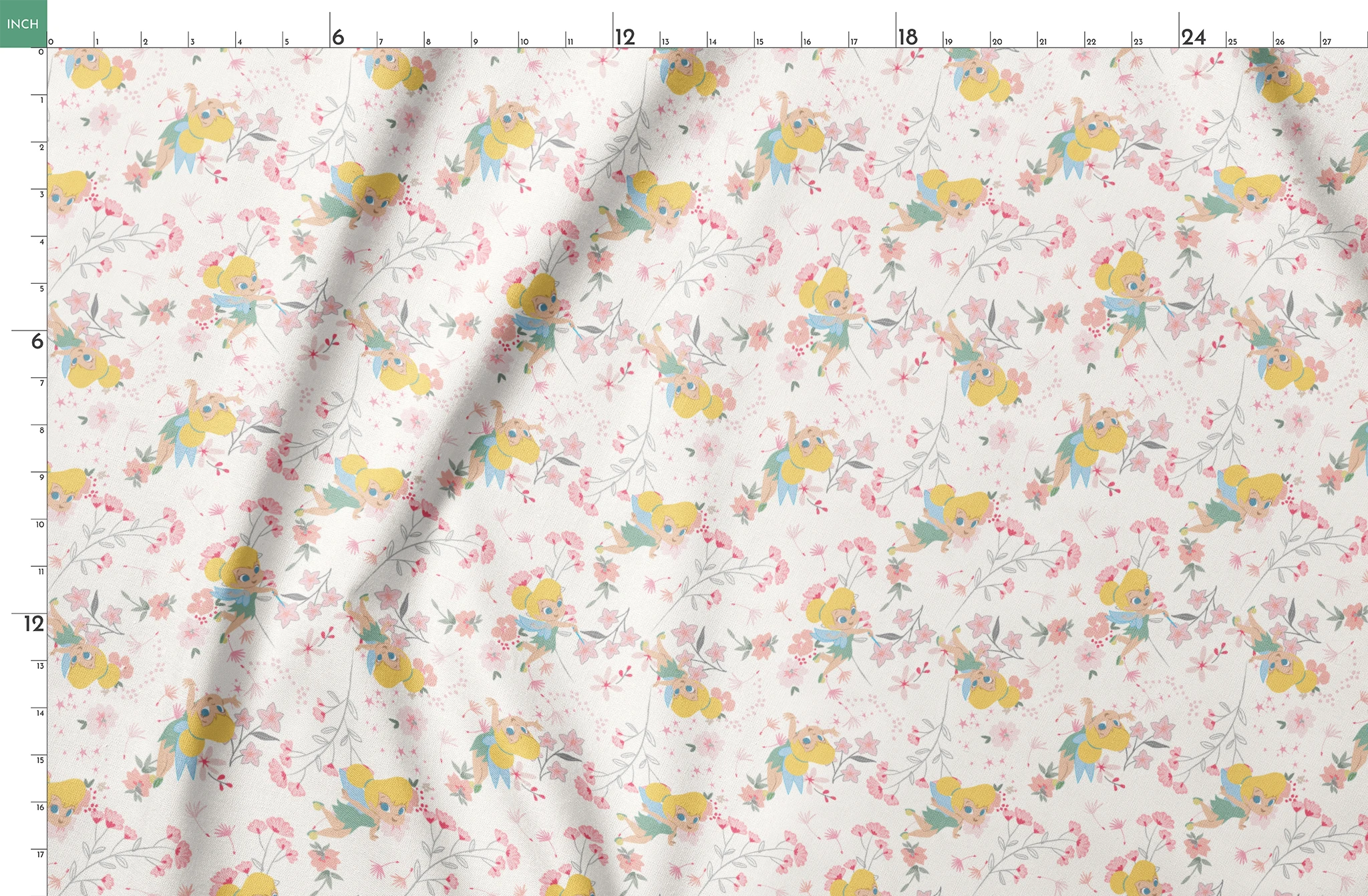 Whimsical pattern with Tinker Bell among pink flowers and green leaves on white background springs fatquarter mockup