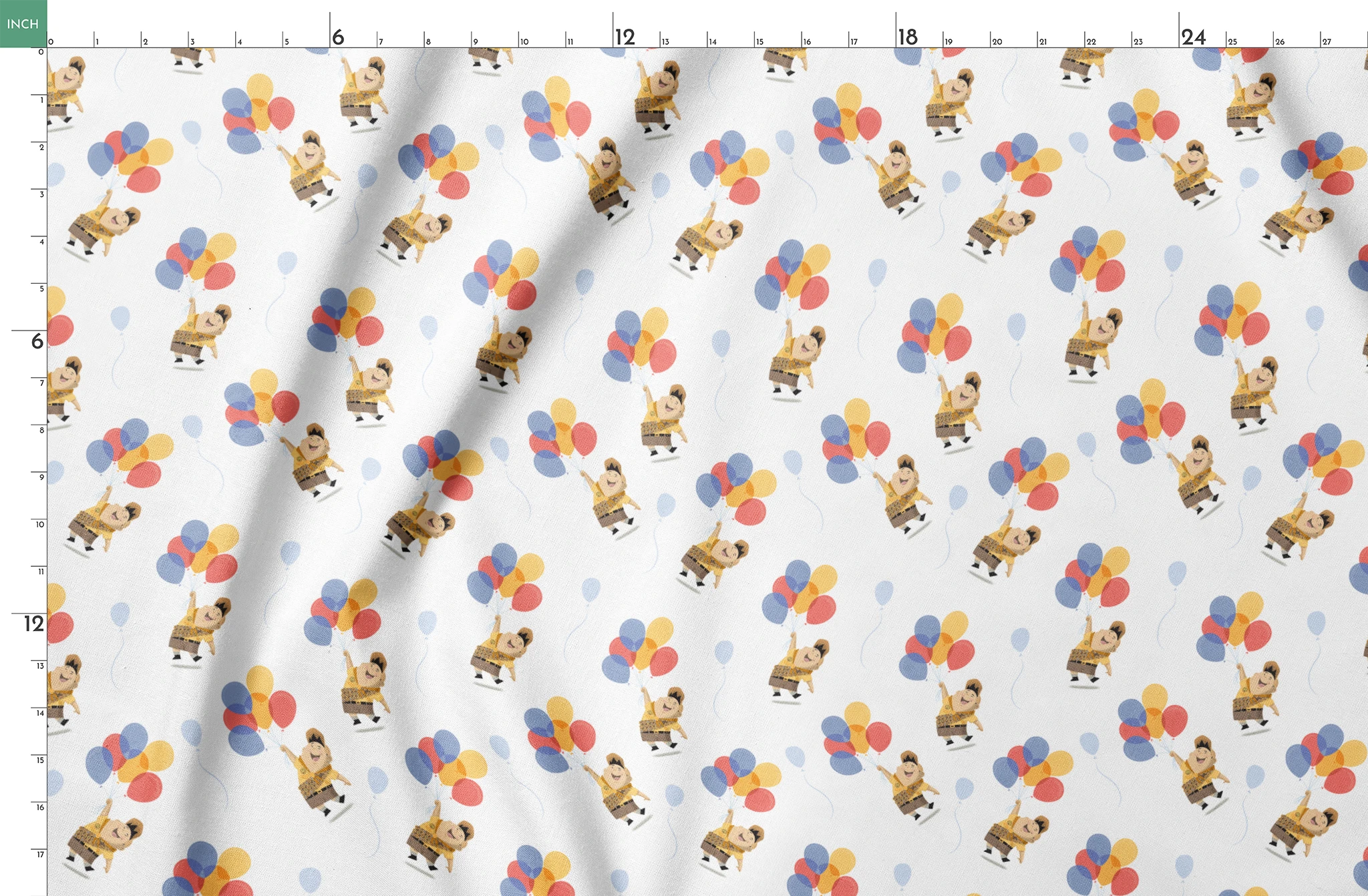 Up's Russell in explorer outfit floating with colorful balloons on white background pattern springs fatquarter mockup