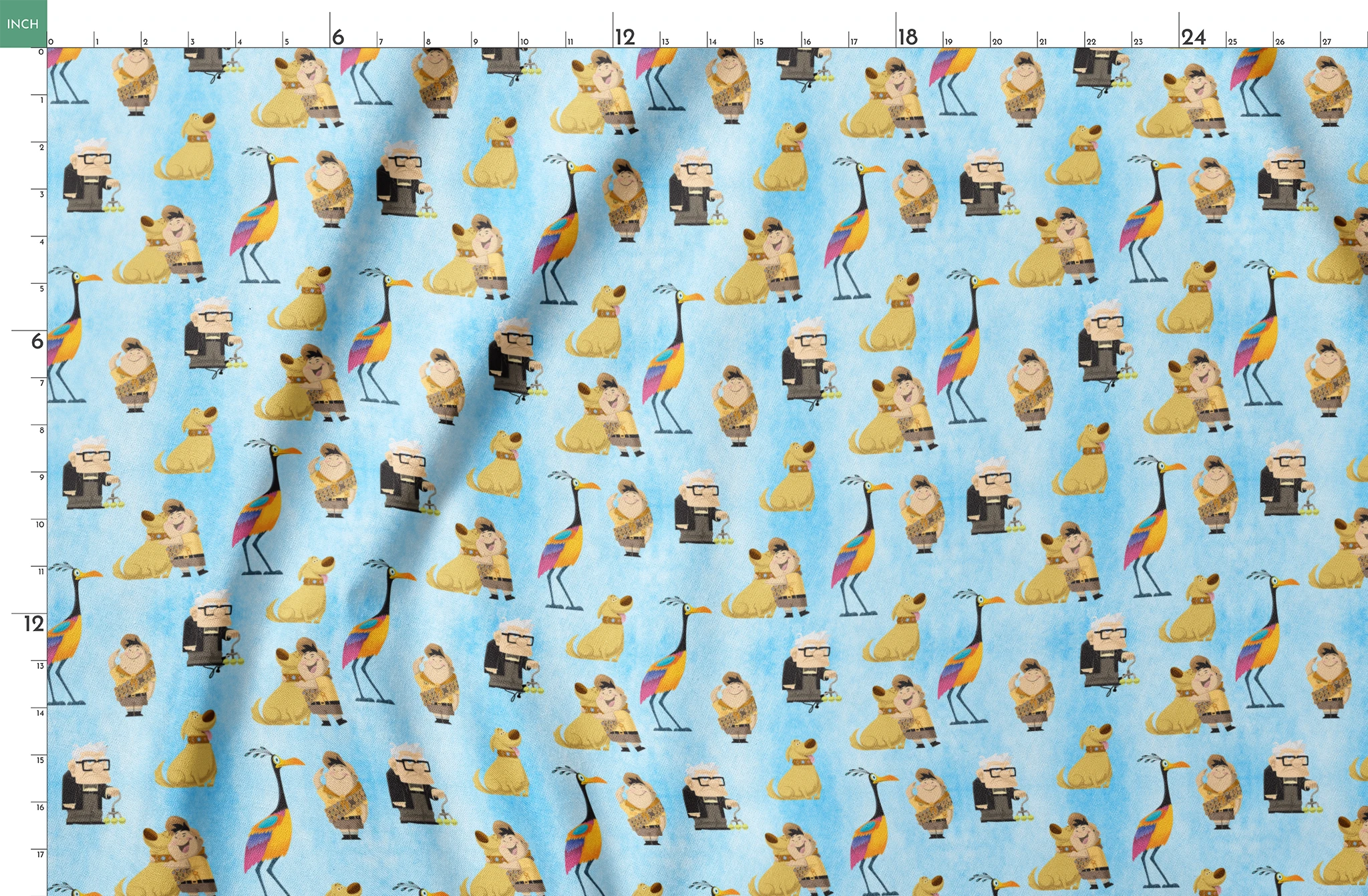 Colorful Up-inspired pattern with cartoon characters including elderly man, explorer, golden dog, and tropical bird on light blue background springs fatquarter mockup