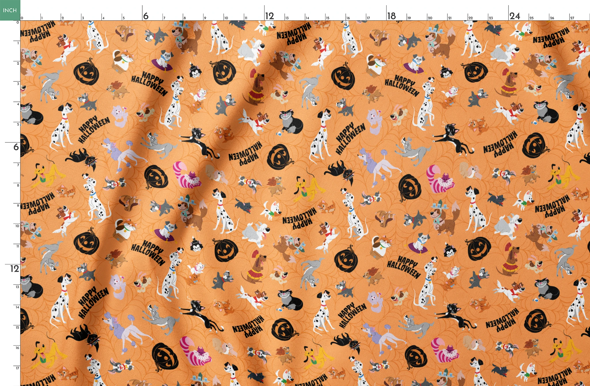 Cartoon dogs in Halloween pattern with pumpkins and "Happy Halloween" text on orange background springs fatquarter mockup