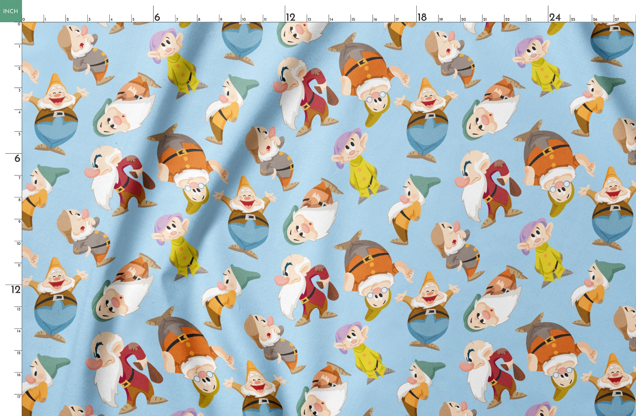 Pattern of cartoon dwarfs in colorful outfits on light blue background springs fatquarter mockup