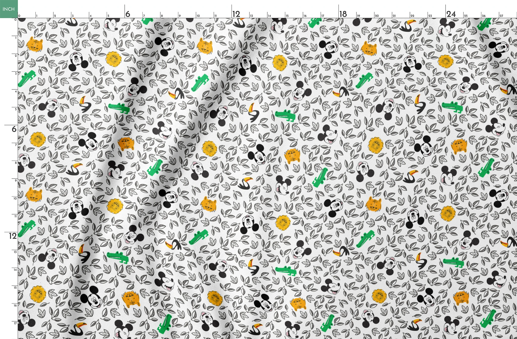 Pattern of cartoon Mickey Mouse silhouettes with yellow honeycomb, green bamboo, and black and white leaves springs fatquarter mockup