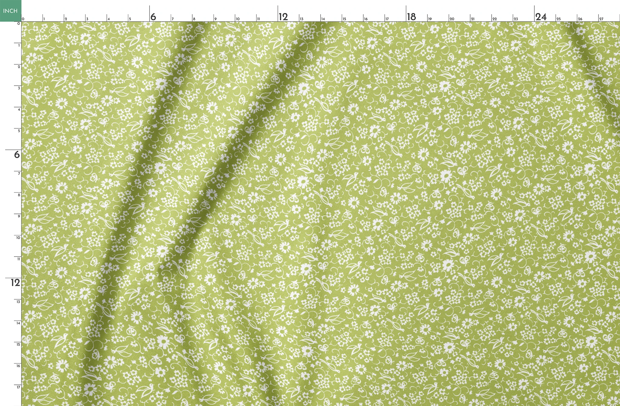 White bird and floral pattern on a vibrant lime green background. springs fatquarter mockup
