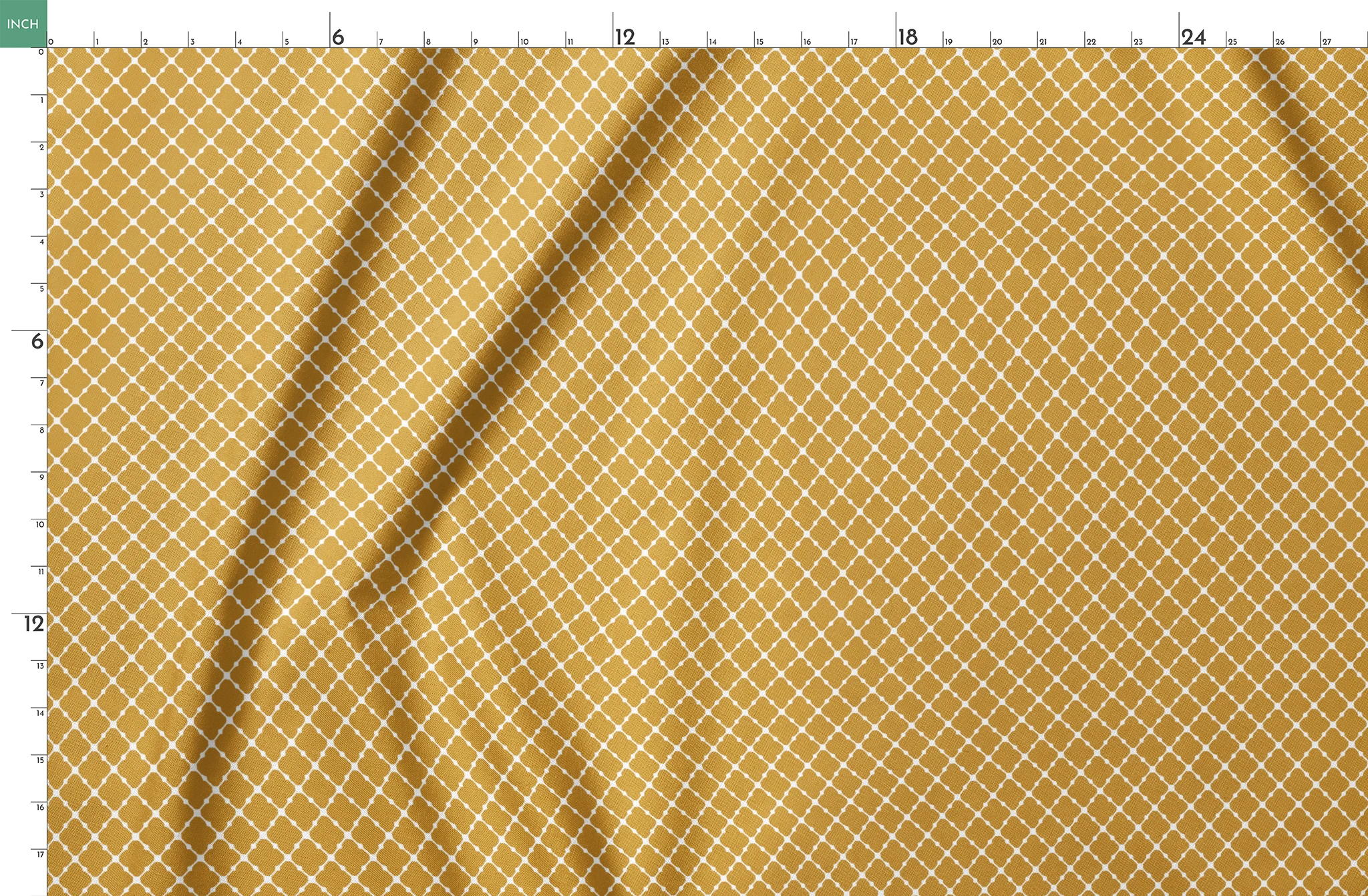 Gold quatrefoil pattern on white background, forming a geometric Moroccan-style lattice design springs fatquarter mockup