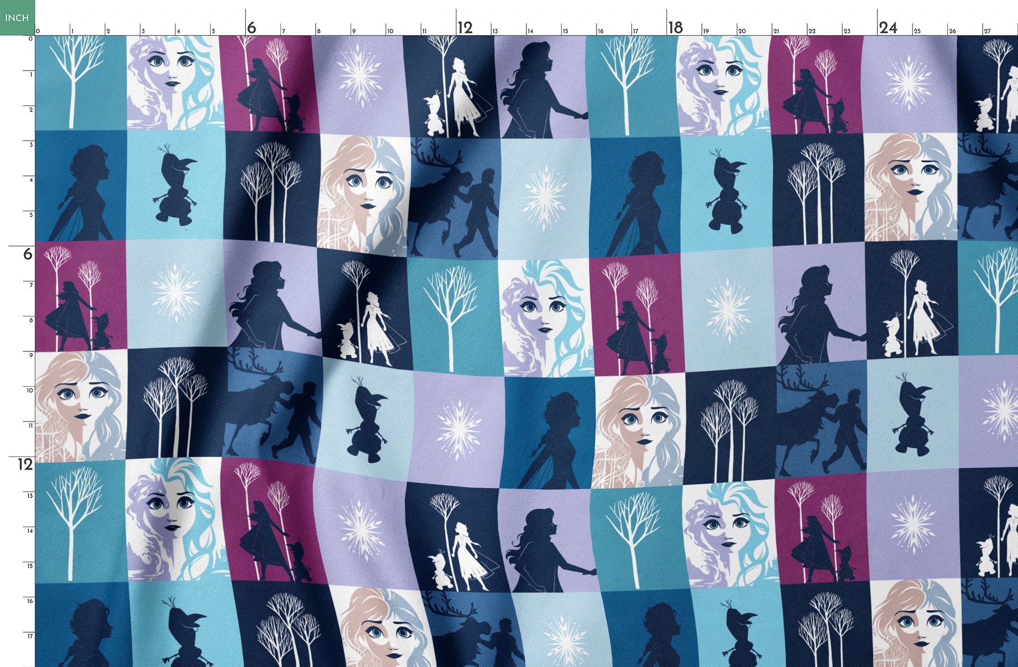 A grid of "Frozen" themed illustrations featuring character portraits, snowflakes, winter trees, and silhouetted scenes in shades of blue and purple. springs fatquarter mockup