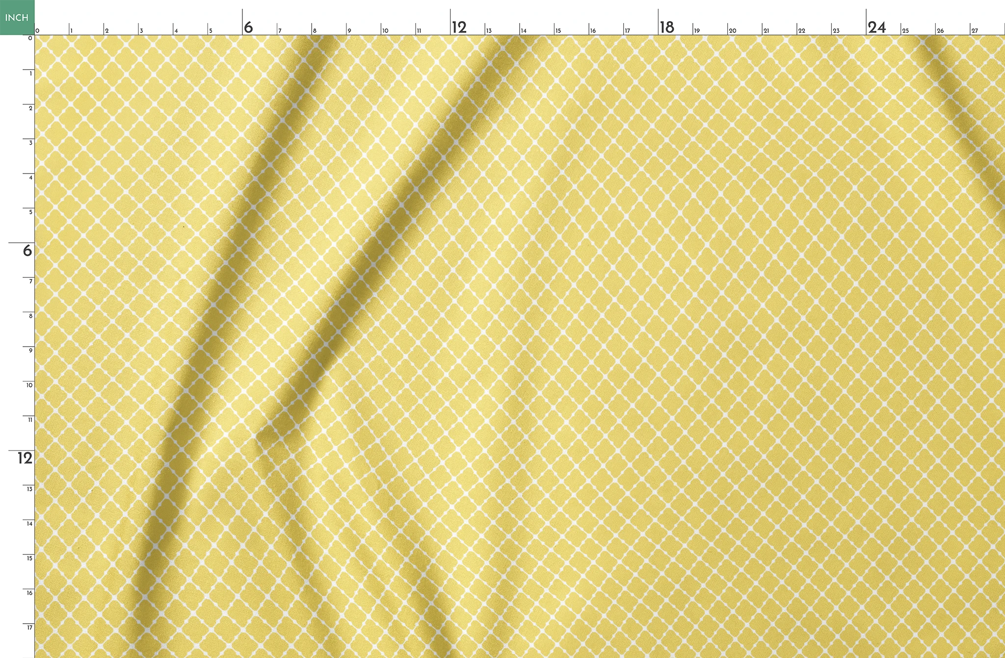 Yellow quatrefoil pattern on white background with Moroccan tile inspired design springs fatquarter mockup