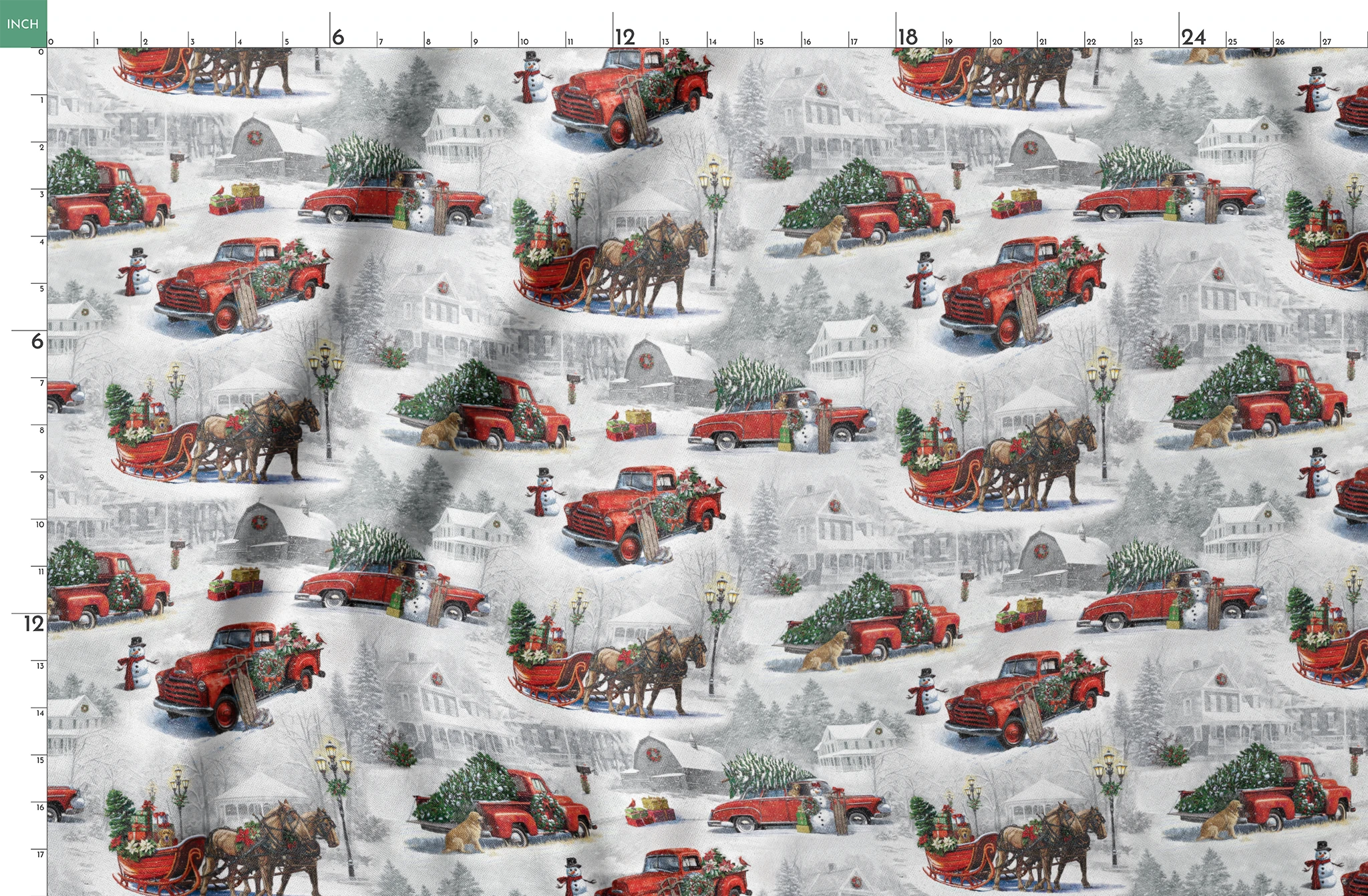 Christmas pattern with vintage red trucks, horse-drawn sleighs, and pine trees in snowy winter landscape springs fatquarter mockup
