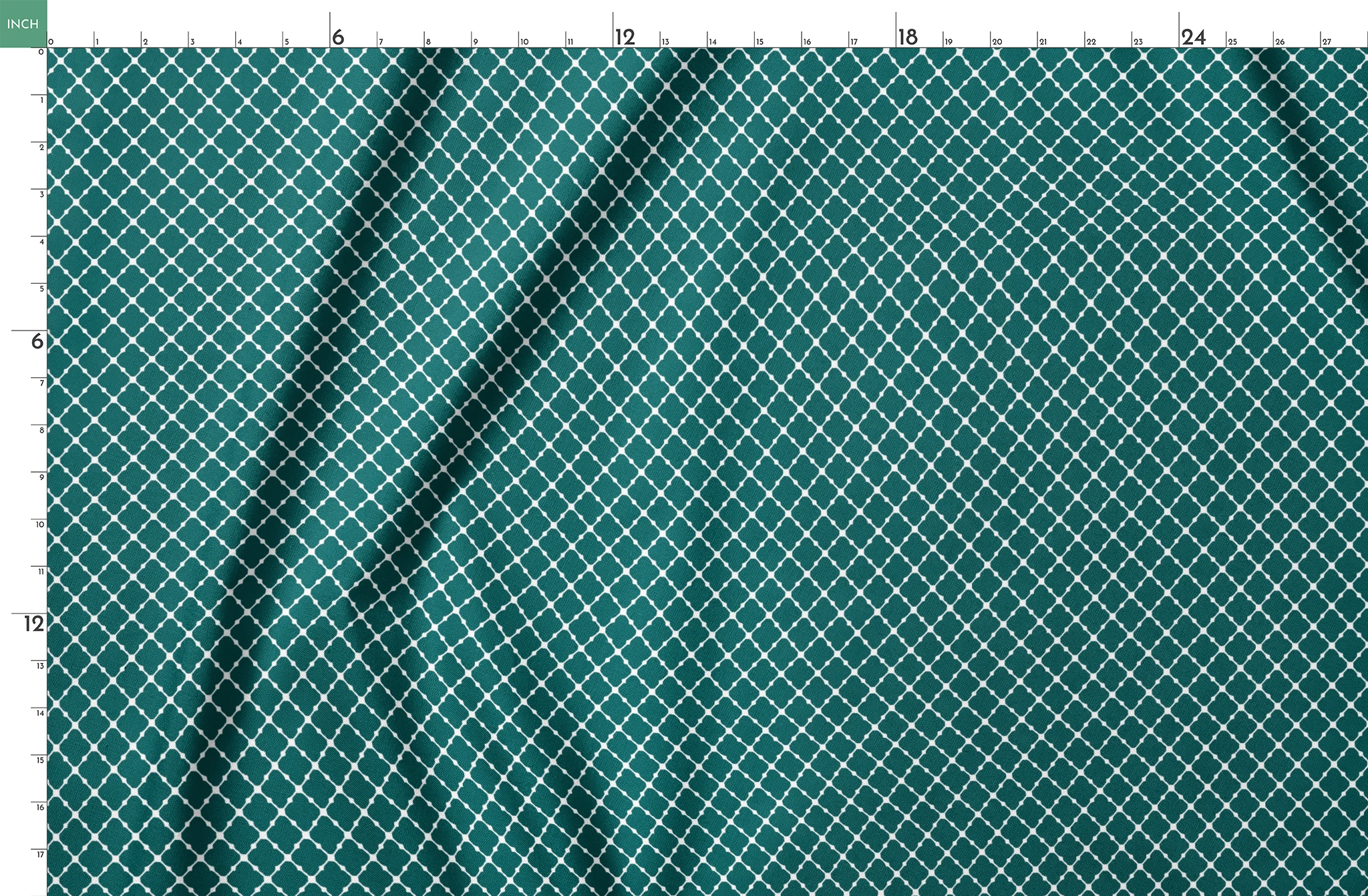 Dark teal quatrefoil pattern with white lattice outlines on a geometric background springs fatquarter mockup