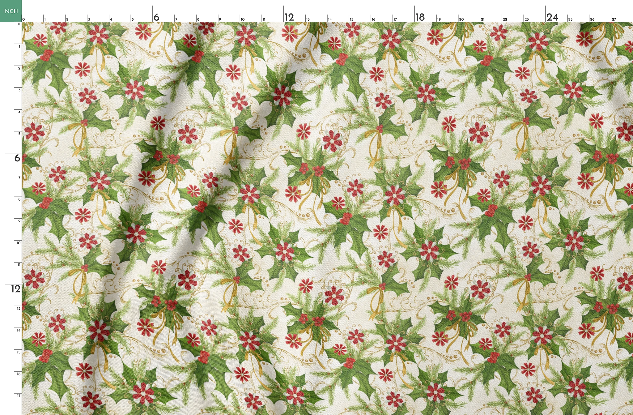 Festive pattern featuring holly leaves, pine branches, red floral medallions, and golden swirls on an ivory background by Nicole Tamarin. springs fatquarter mockup