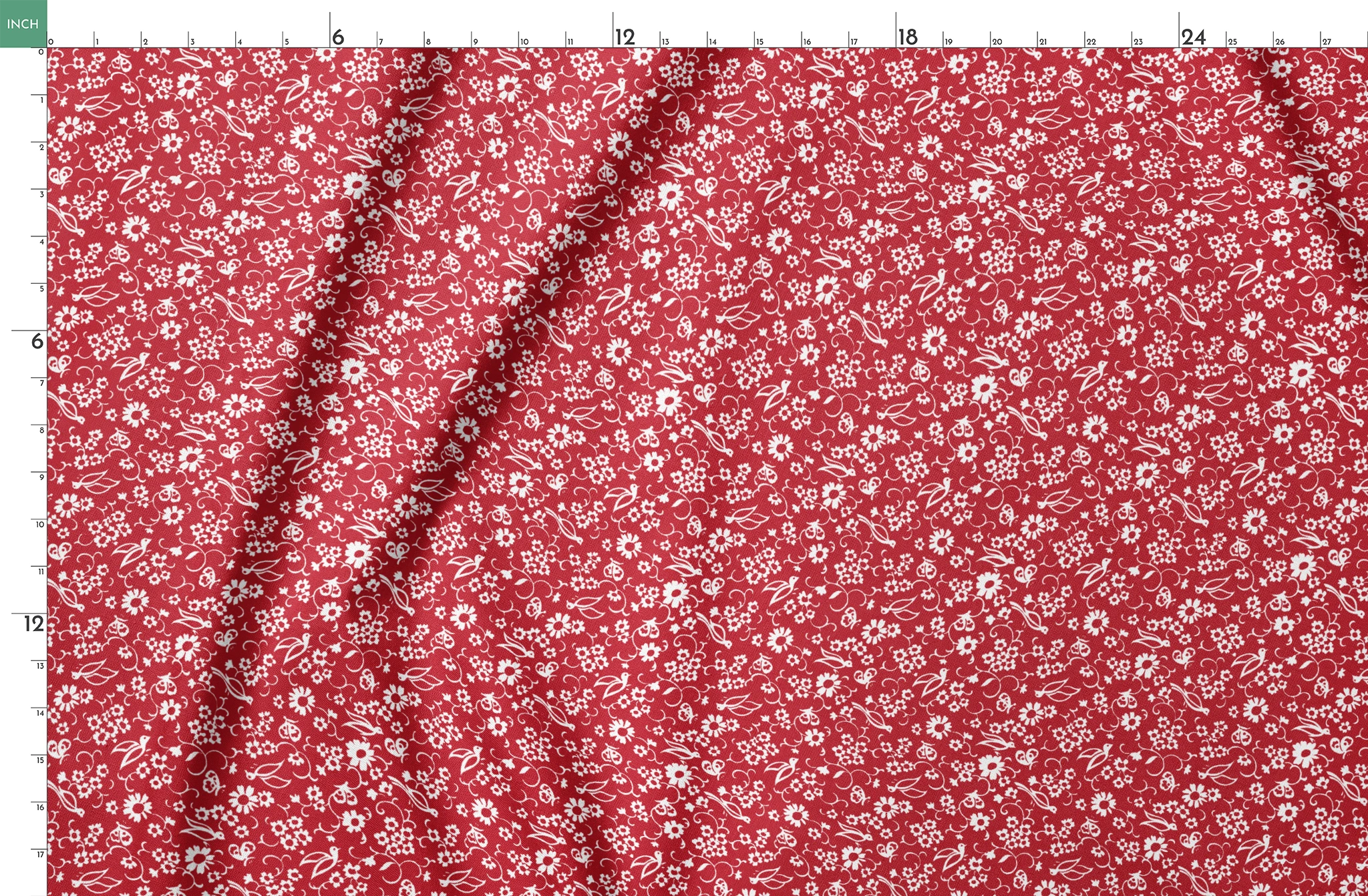 White floral and bird silhouette pattern on a bright red background. springs fatquarter mockup