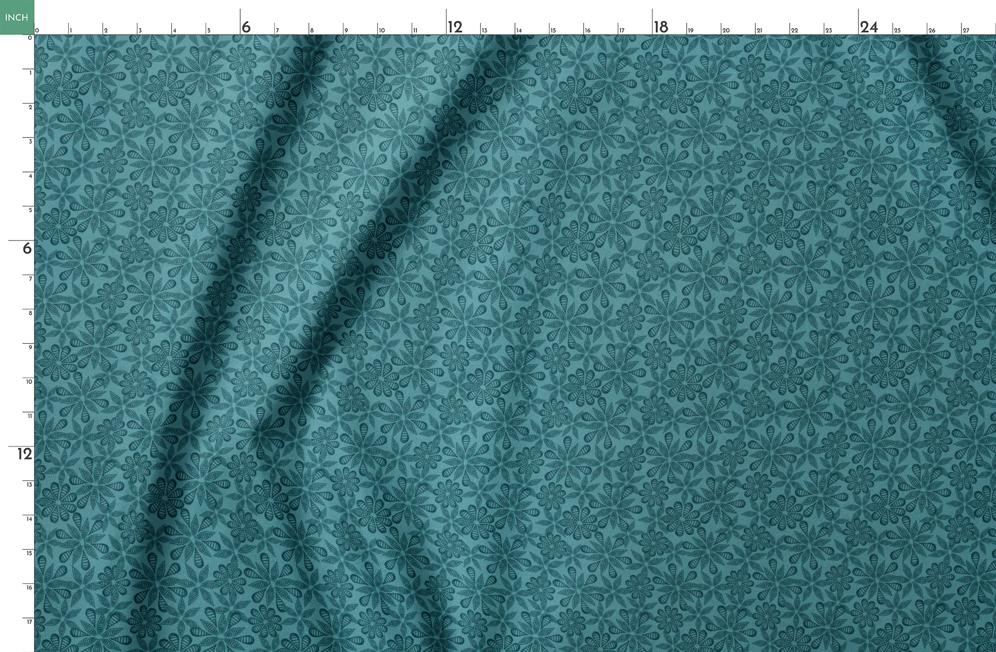 Outlined floral pattern in dark teal on a lighter teal background by Nicole Tamarin. springs fatquarter mockup