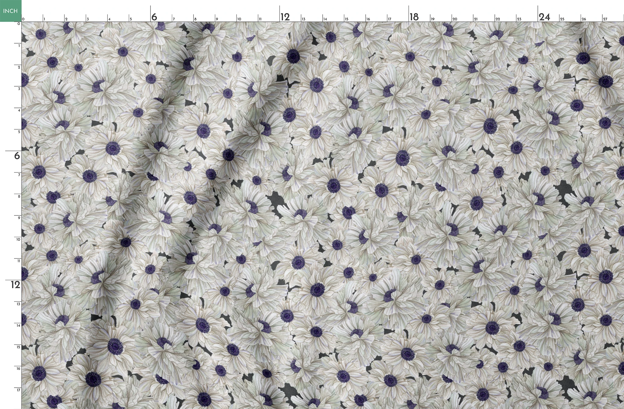 Ivory and indigo packed floral pattern with detailed petal textures and clustered blooms. springs fatquarter mockup