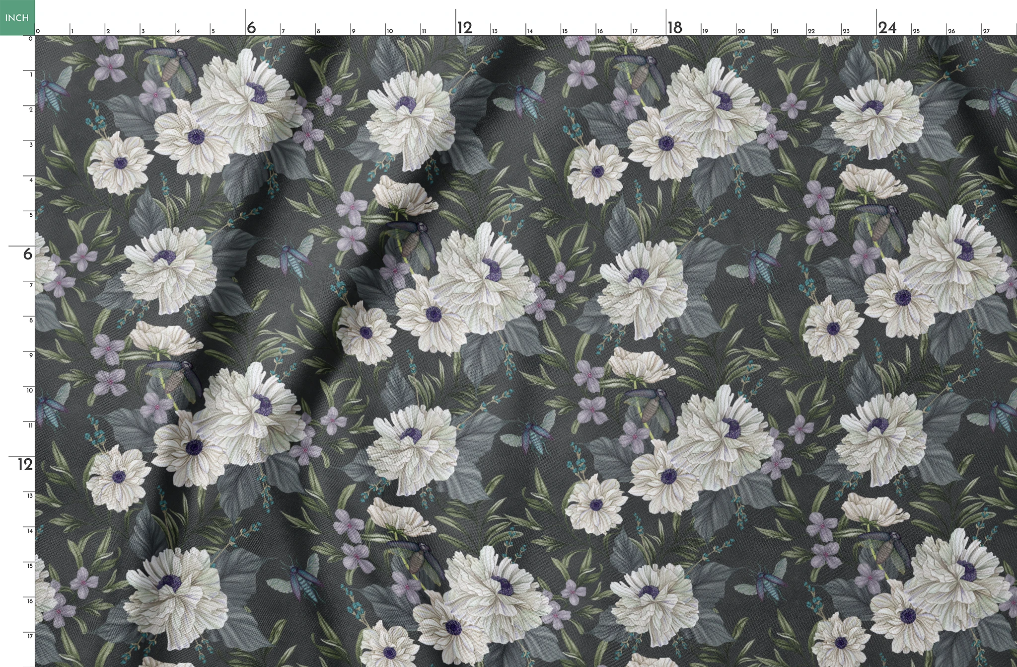 Ivory flowers with purple centers, beetles, and greenery illustrated on a dark charcoal background in a floral pattern by Nicole Tamarin. springs fatquarter mockup