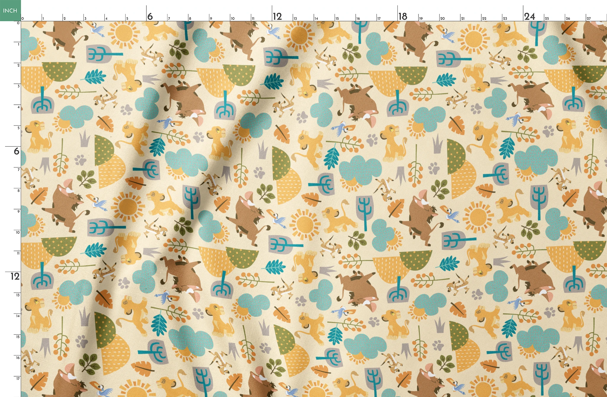 Playful Lion King pattern with brown bears, yellow puppies, blue clouds, stylized trees, and sun motifs on cream background springs fatquarter mockup