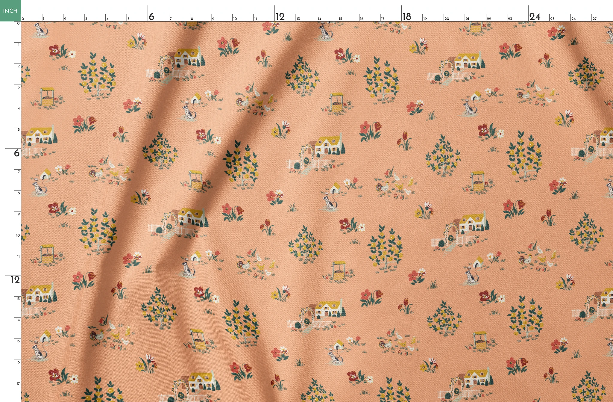 Vintage cottage scene design with houses, flowers, and animals on a peach background from the Springs Archive springs fatquarter mockup