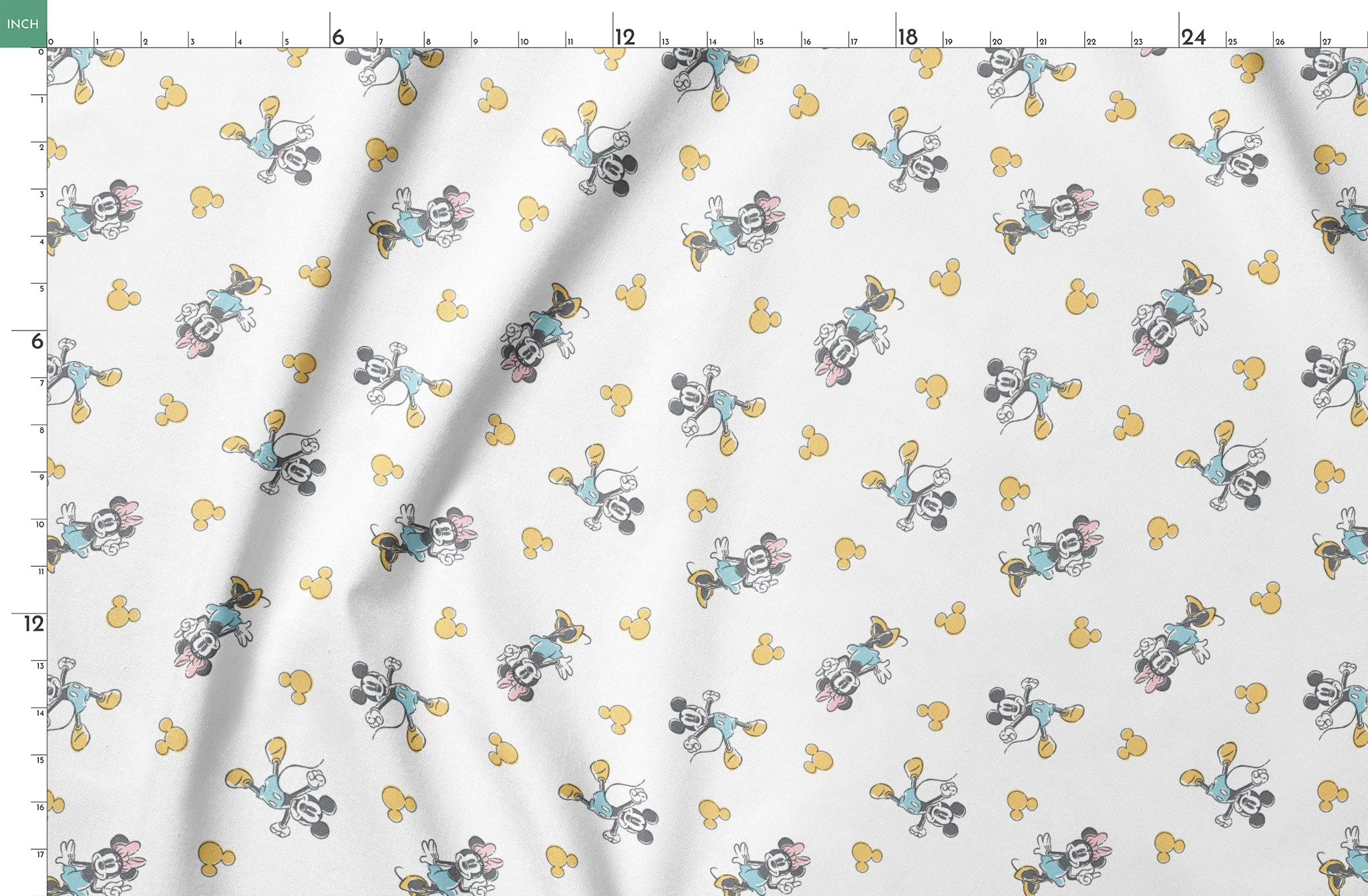 Mickey Mouse characters in light blue outfits scattered on white background with yellow Mickey silhouettes springs fatquarter mockup